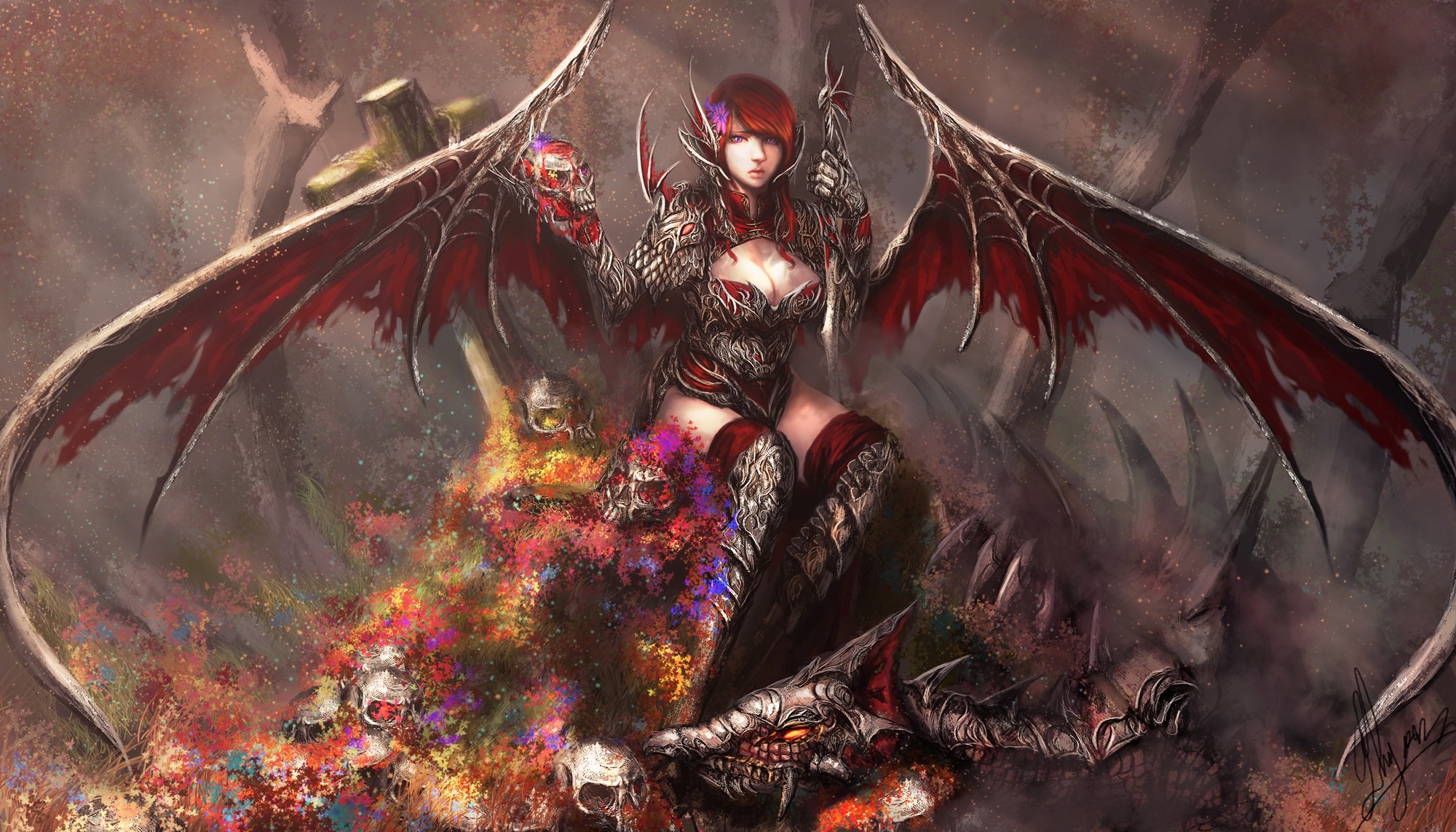 General 2000x1143 fantasy art fantasy girl demon succubus skull boobs wings demon girls DeviantArt redhead