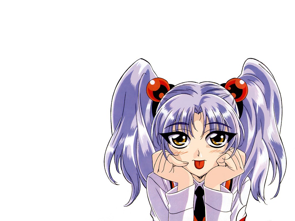 Anime 1024x768 Martian Successor Nadesico Ruri Hoshino Misumaru Yurika anime girls anime tongues tongue out face simple background white background purple hair