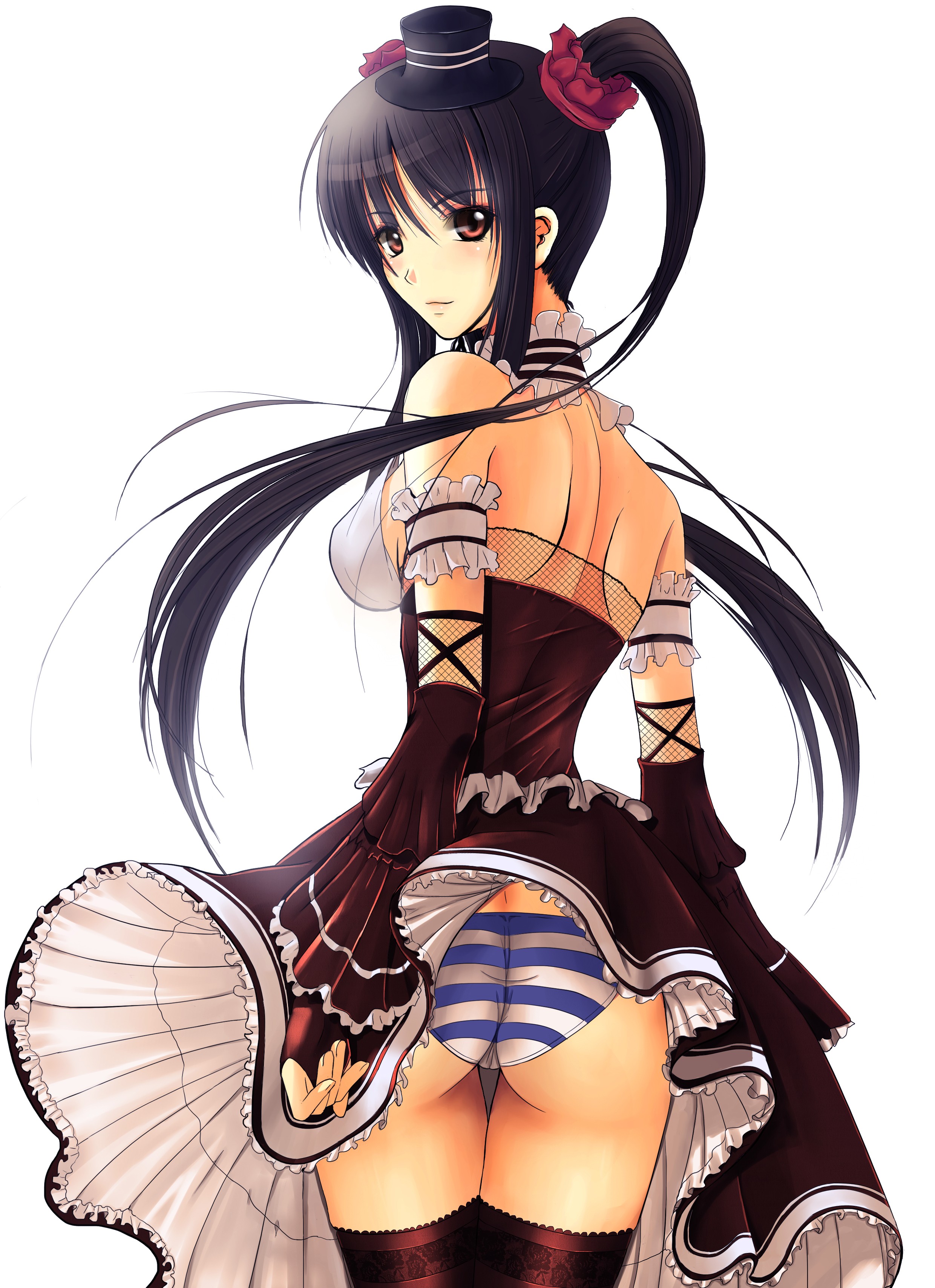 Anime 2480x3418 Soyo Kaze original characters striped panties black hair dress thigh-highs ass underwear panties funny hats women with hats simple background white background anime anime girls