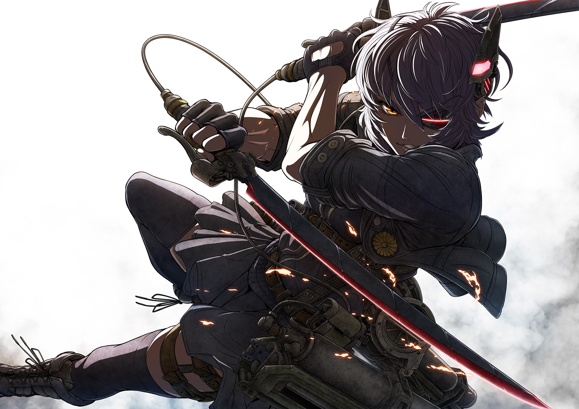 Anime 1920x1357 anime girls anime artwork Kantai Collection Tenryuu (KanColle) thigh-highs crossover white background simple background sword weapon women with swords