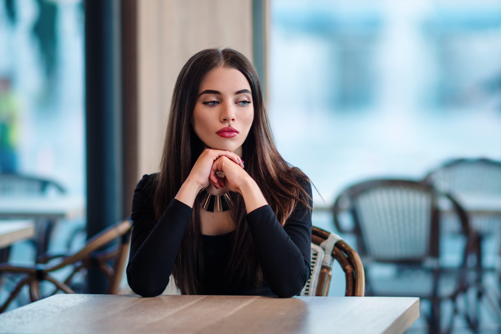 People 1600x1067 women model face portrait makeup sitting indoors women indoors brunette long hair painted nails red lipstick looking away table