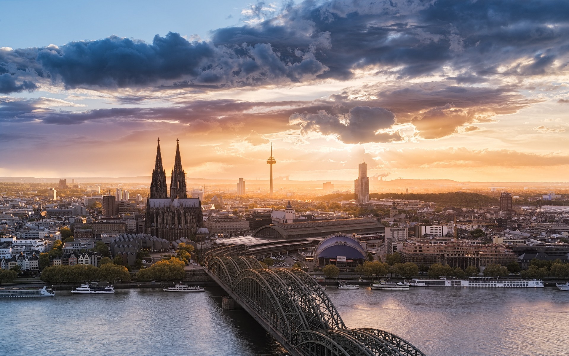 General 1920x1200 cityscape Cologne Germany sunset river church bridge sky clouds architecture urban Cologne Cathedral sunlight