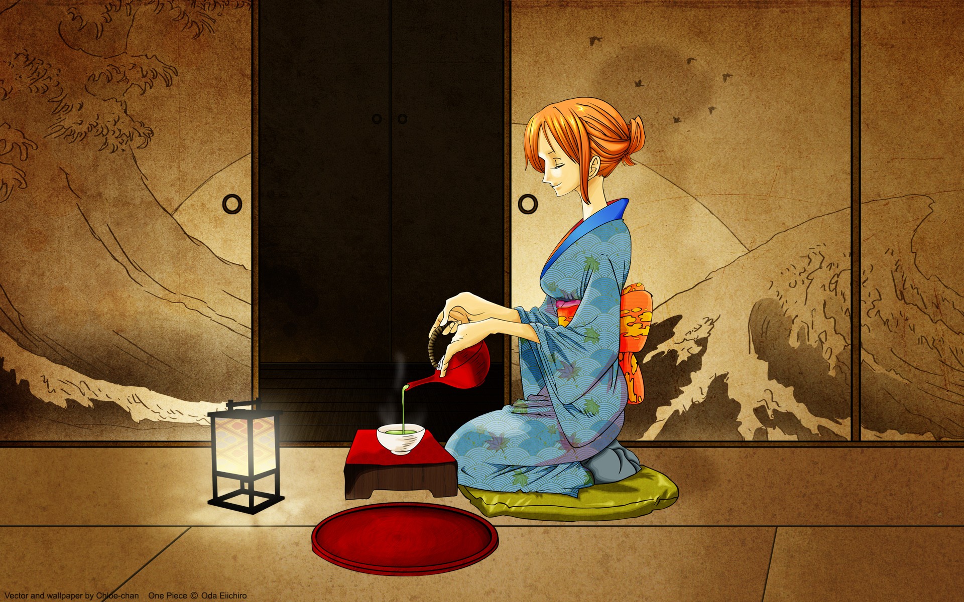Anime 1920x1200 One Piece anime Nami anime girls cup tea kneeling kimono closed eyes redhead lantern women women indoors teapot