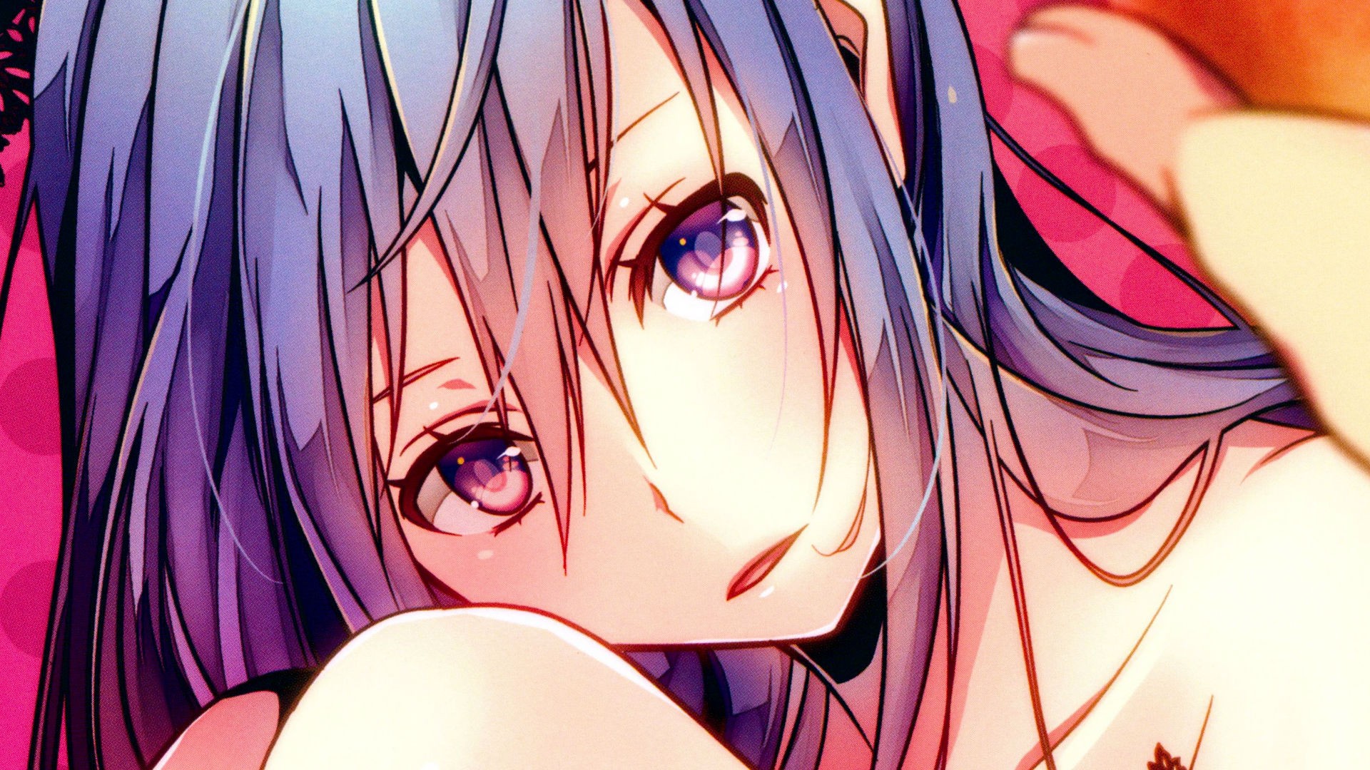 Anime 1920x1080 Hatsune Miku Vocaloid open mouth bangs closeup bare shoulders anime girls solo looking at viewer purple hair purple eyes anime