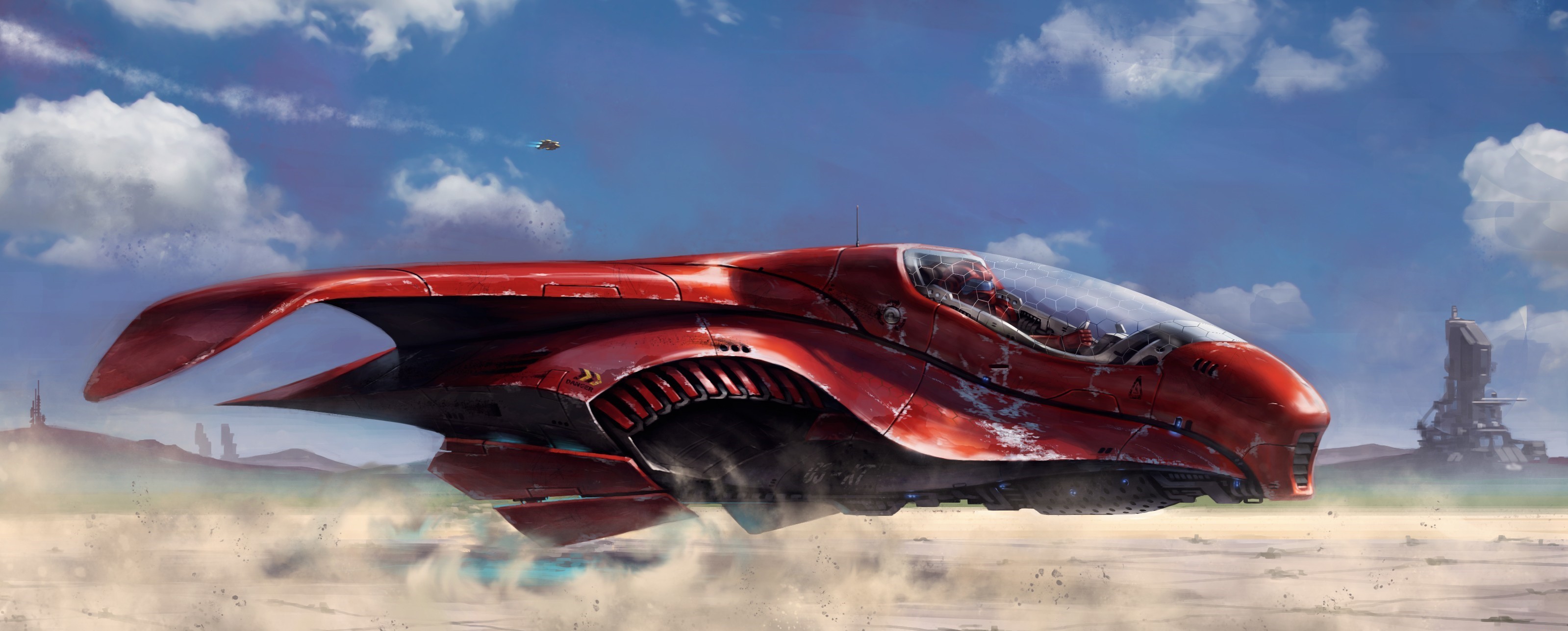 General 3198x1288 artwork science fiction vehicle red CGI futuristic digital art