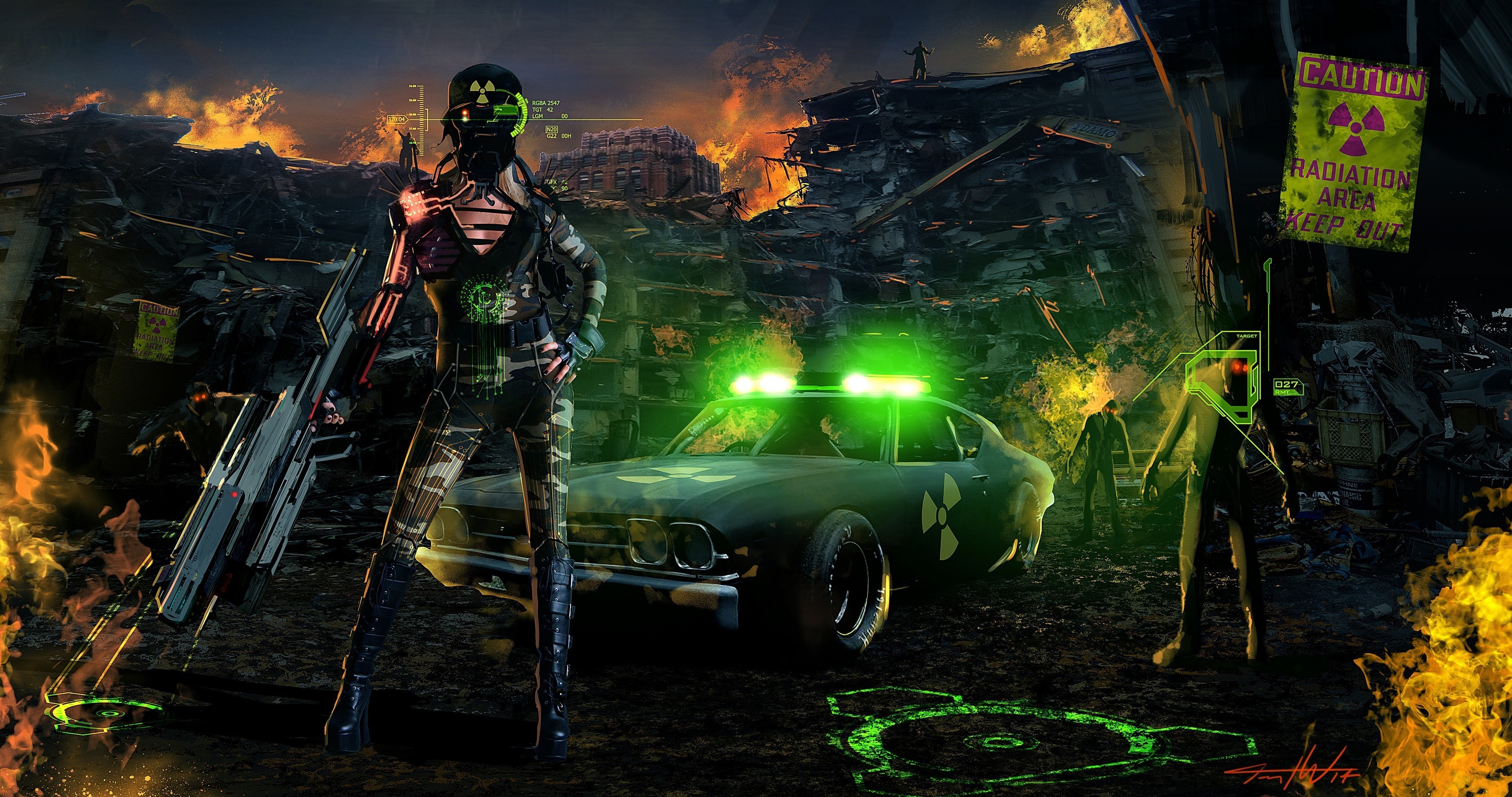 General 3498x1845 artwork digital art futuristic weapon car vehicle science fiction fire apocalyptic science fiction women girls with guns