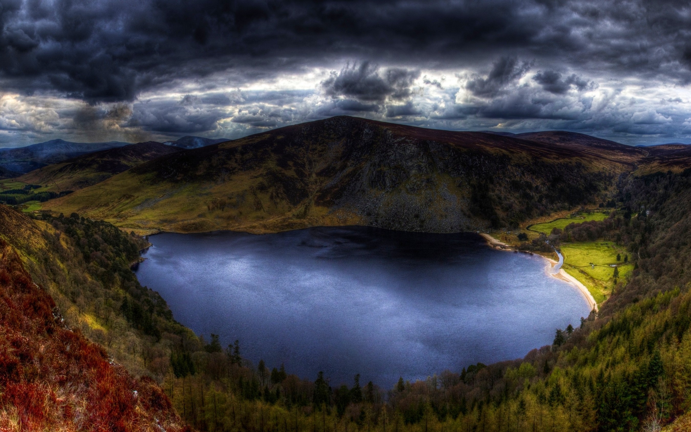 General 2700x1690 nature landscape lake clouds mountains Ireland forest grass water dark blue HDR