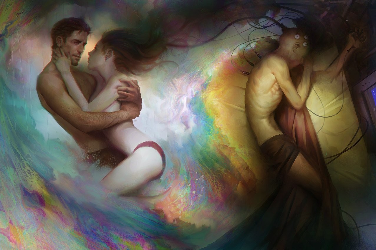 General 1277x849 virtual reality men women ass topless fantasy art sleeping colorful couple love bed caressing wires shirtless digital art The Matrix