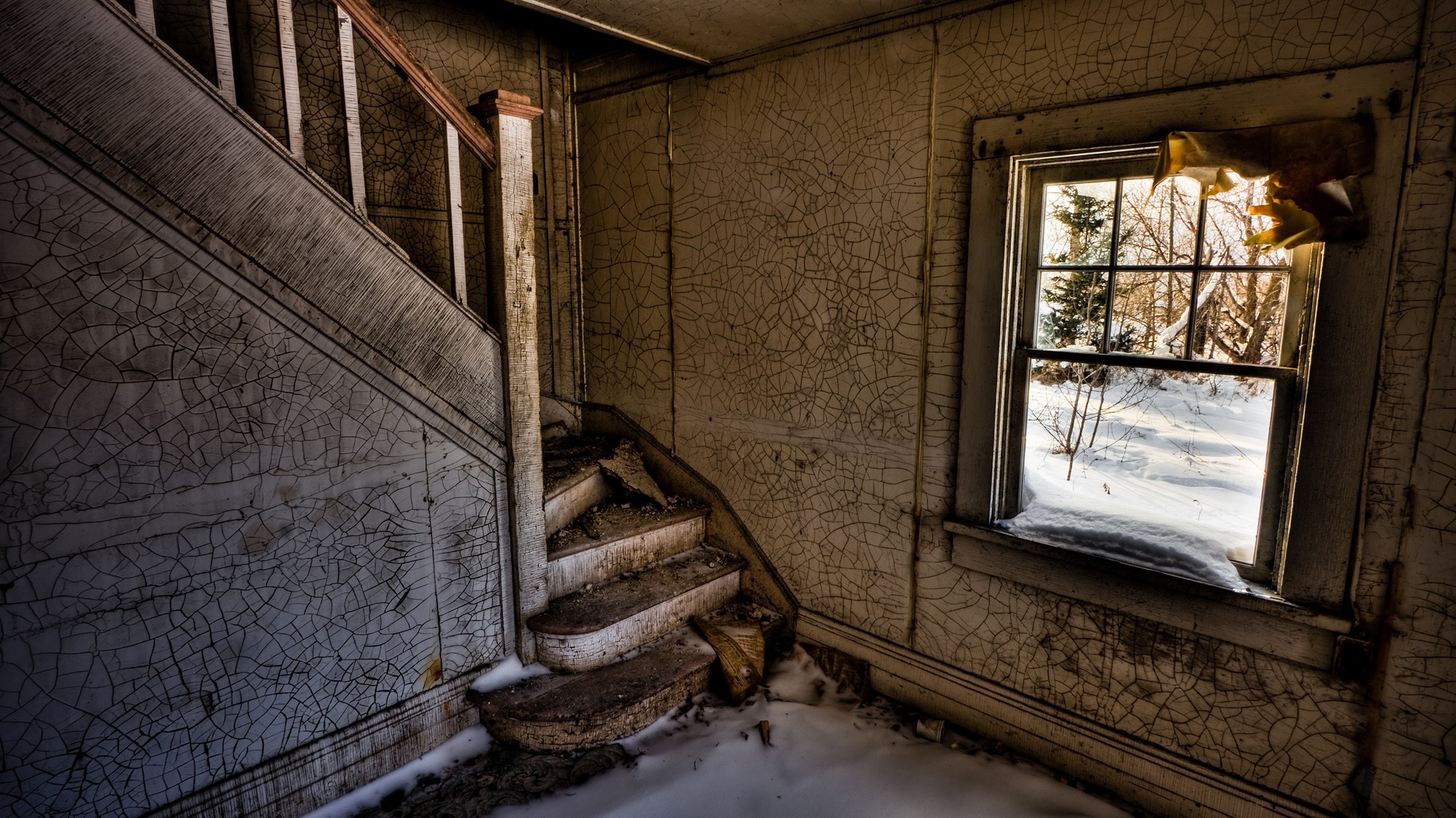 General 1920x1080 HDR abandoned house stairs window ruins snow