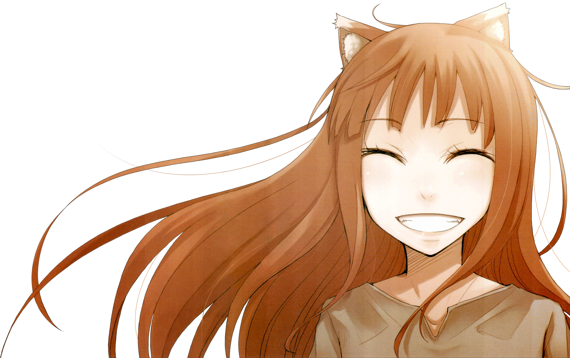 Anime 2000x1255 Spice and Wolf Holo (Spice and Wolf) anime girls wolf girls anime happy animal ears brunette face closed eyes simple background white background