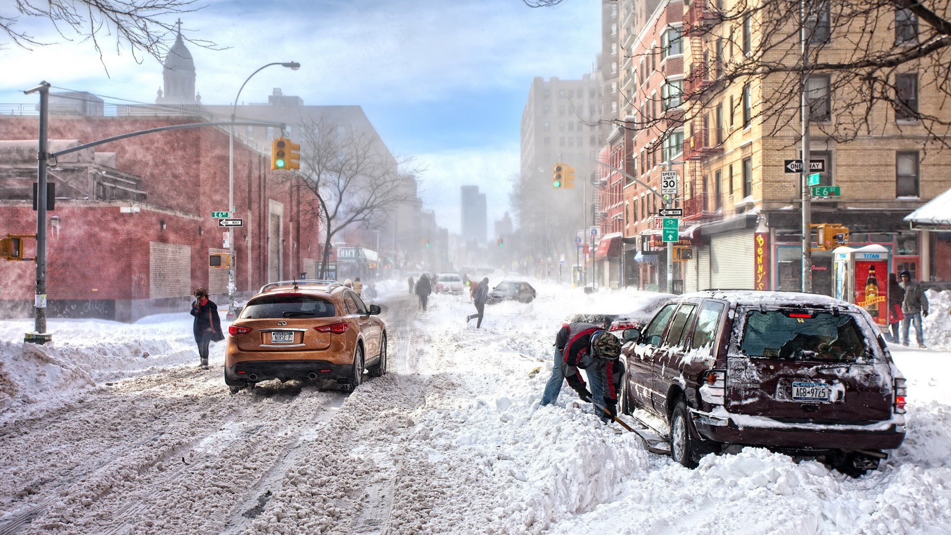 General 1920x1080 snow cityscape car road New York City winter vehicle vibrant cold city USA