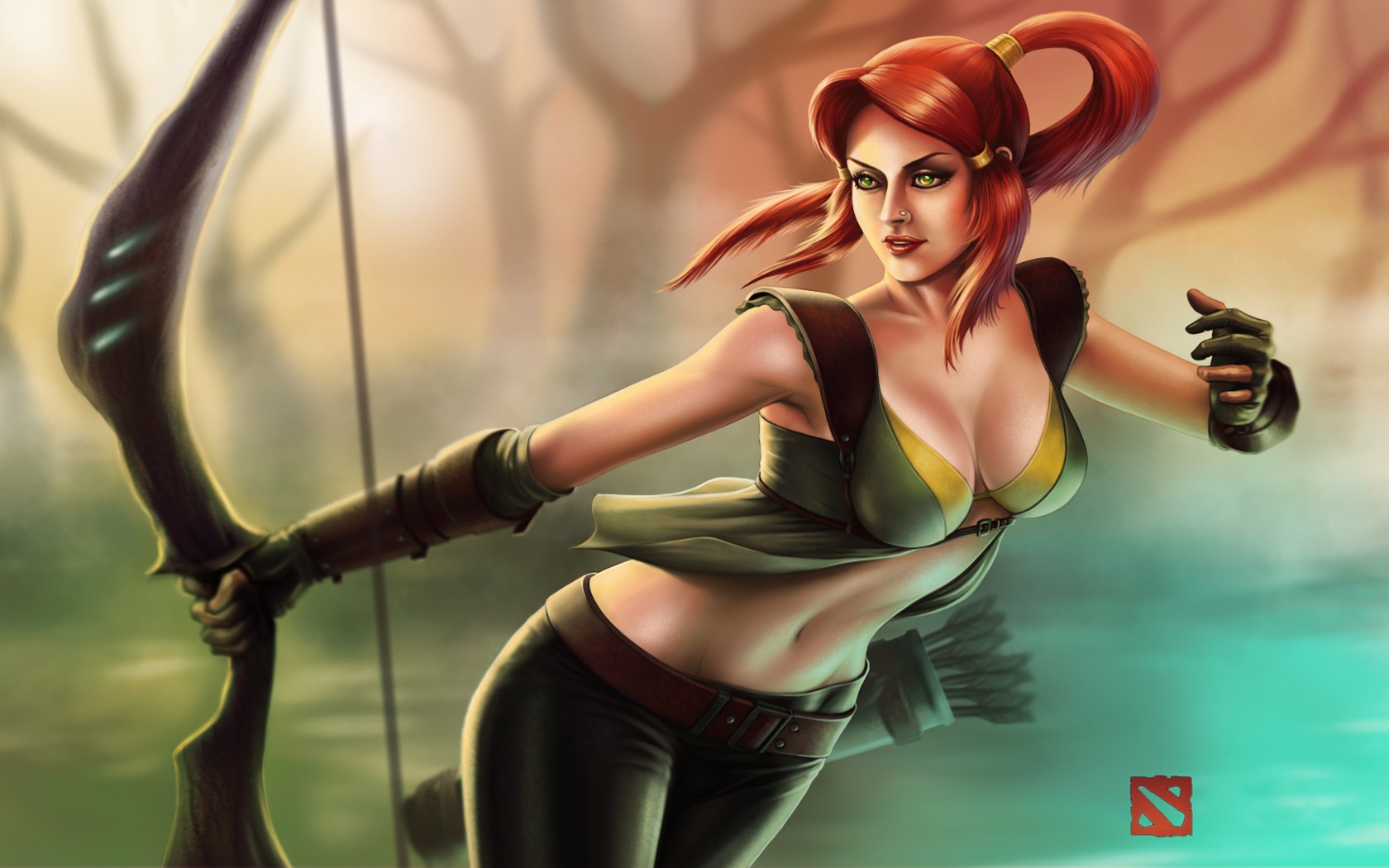 General 1680x1050 Dota 2 Windranger PC gaming video game art video game girls fantasy art fantasy girl redhead boobs big boobs green eyes pierced nose red lipstick archer bow belly