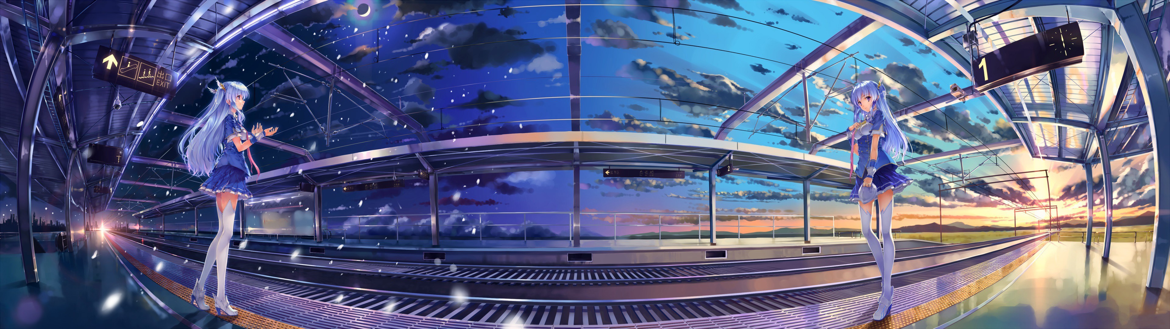 Anime 3840x1080 anime sky clouds railway multiple display original characters train station anime girls