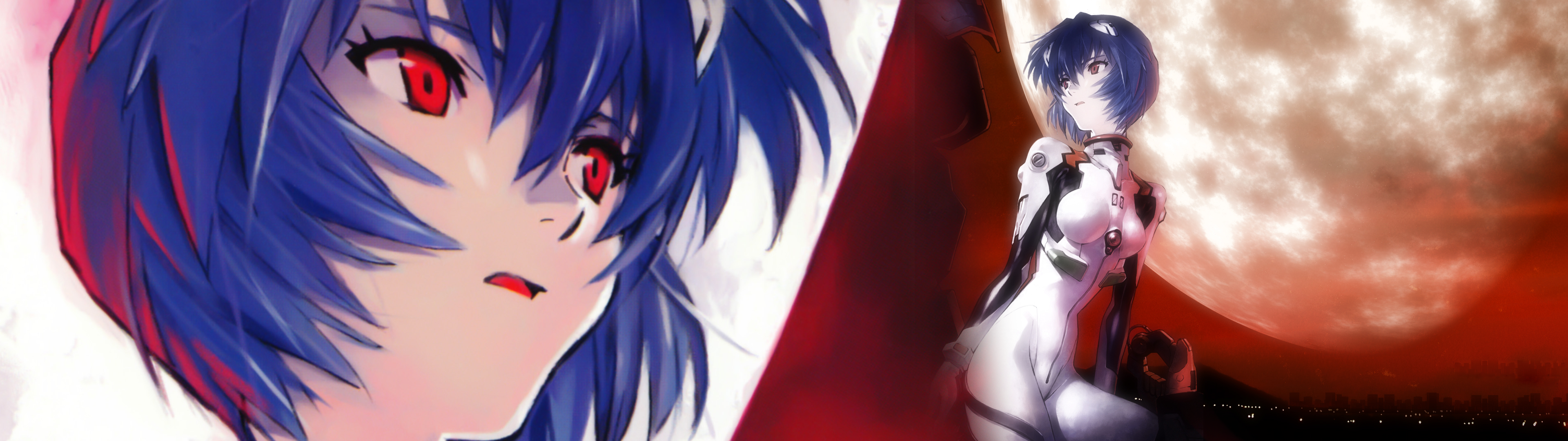 Anime 3840x1080 Ayanami Rei Neon Genesis Evangelion Moon face anime girls sitting red eyes blue hair plugsuit women