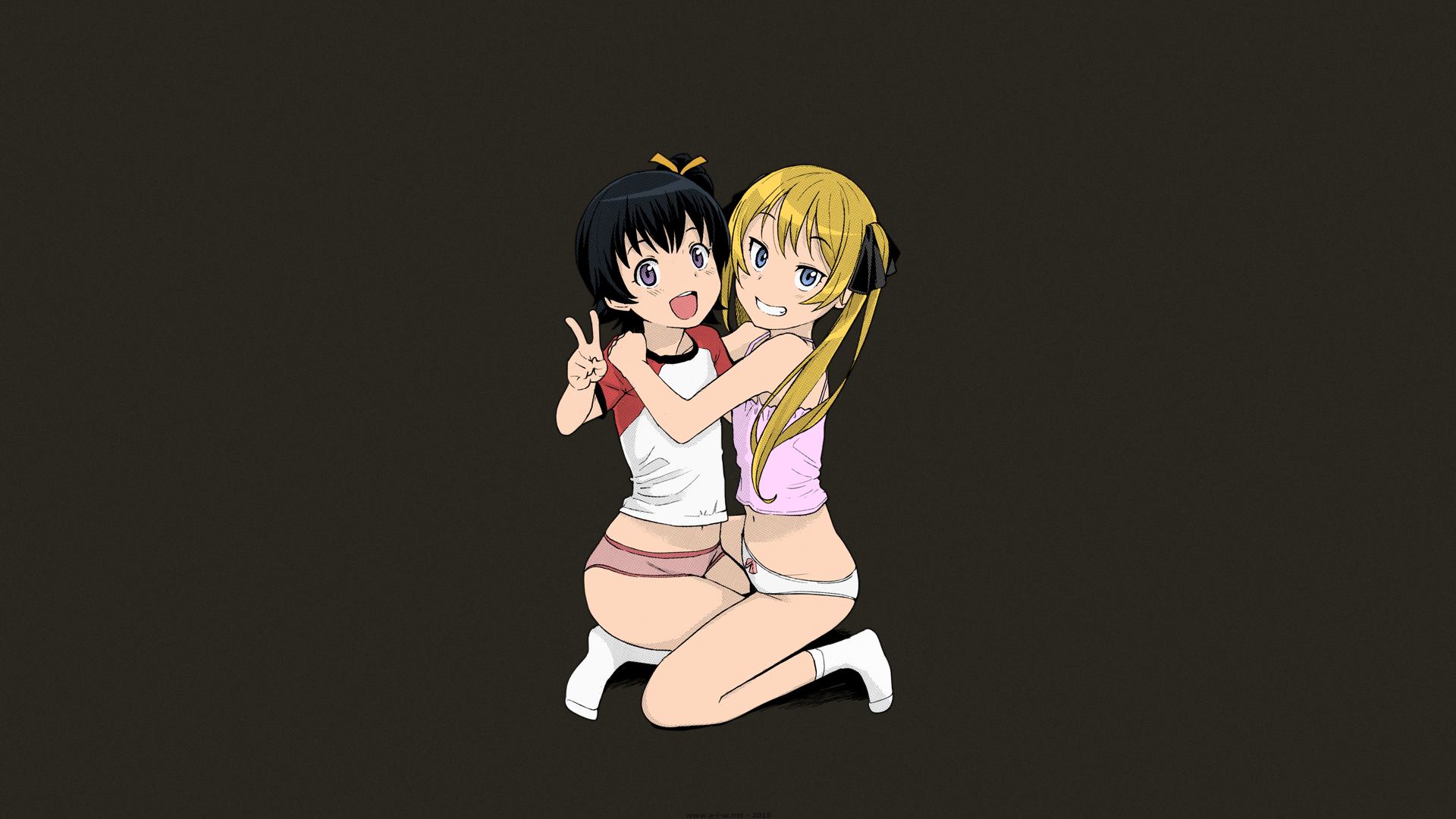 Anime 1920x1080 panties underwear short hair dark hair blonde anime girls manga ecchi anime two women brown background hand gesture black hair socks friendship