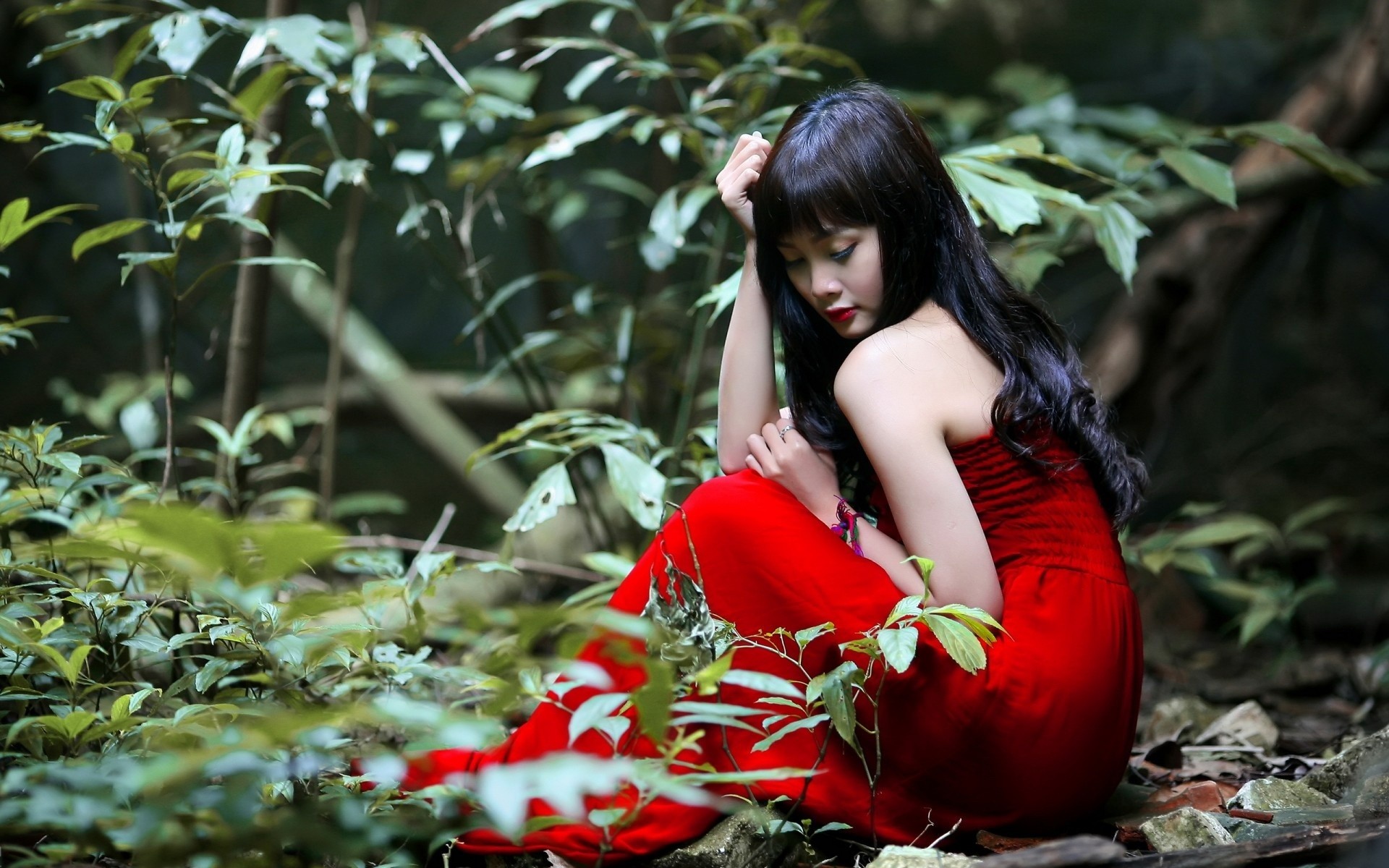 People 1920x1200 women model long hair Asian red lipstick women outdoors red dress nature trees bare shoulders closed eyes sitting outdoors red clothing plants black hair