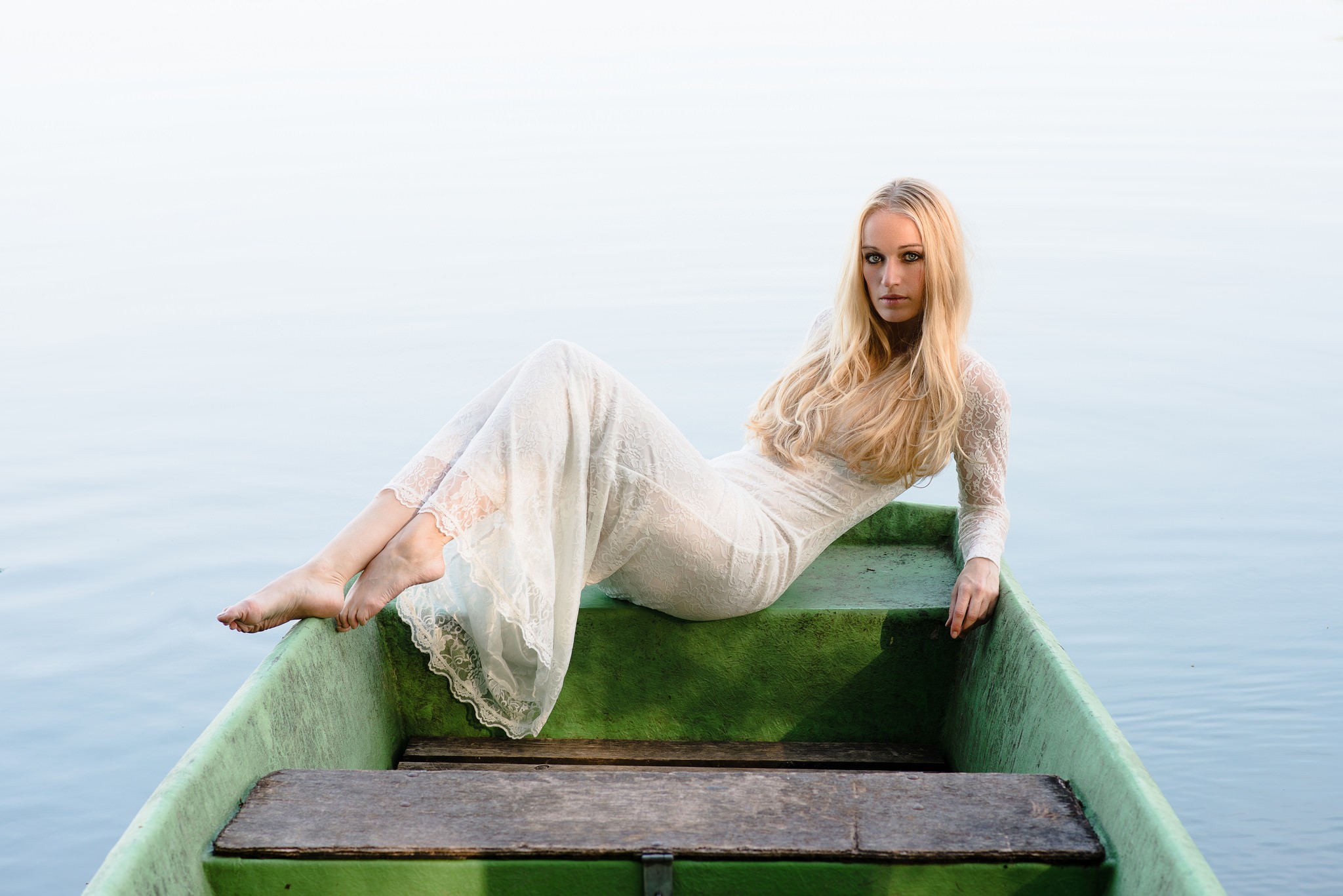 People 2048x1367 women women outdoors model boat vehicle outdoors long hair barefoot water looking at viewer white clothing blonde feet pressed