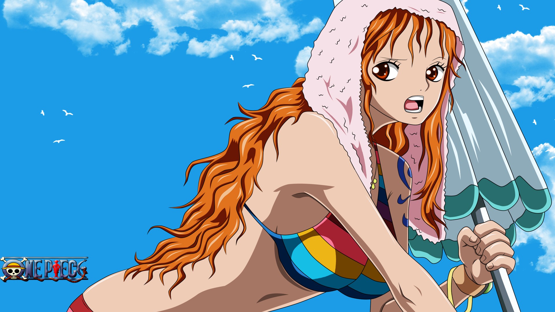 Anime 1920x1080 anime girls Nami One Piece anime bikini striped bikini open mouth red eyes long hair sky birds bikini top swimwear