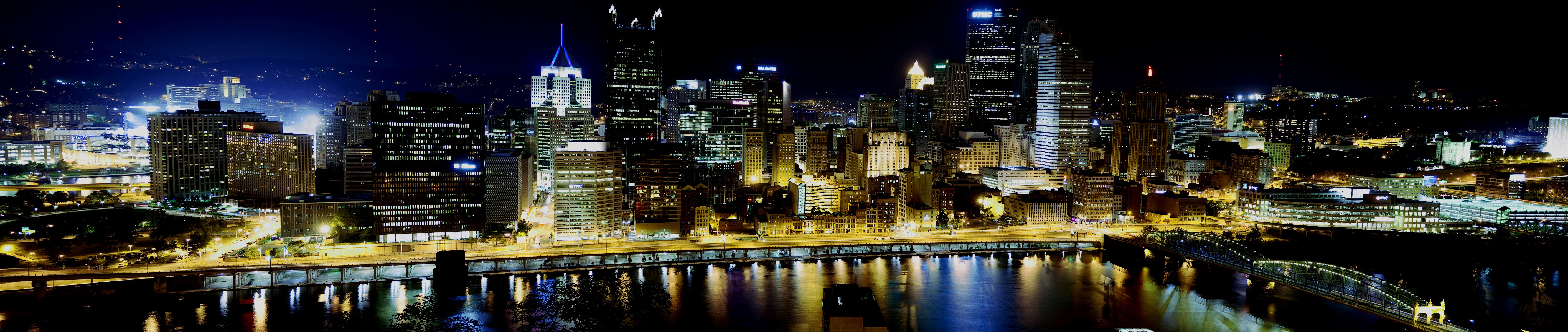 General 5655x1200 city night multiple display Pittsburgh USA cityscape city lights low light