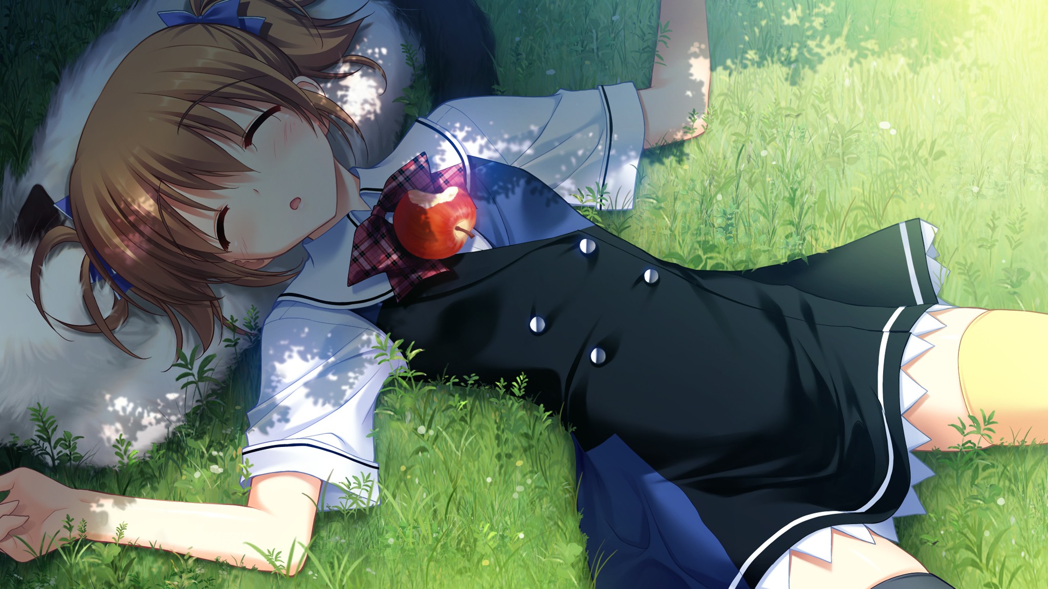 Anime 2048x1152 Irisu Makina Grisaia no Kajitsu schoolgirl anime anime girls food fruit apples brunette sleeping grass women outdoors lying on back closed eyes