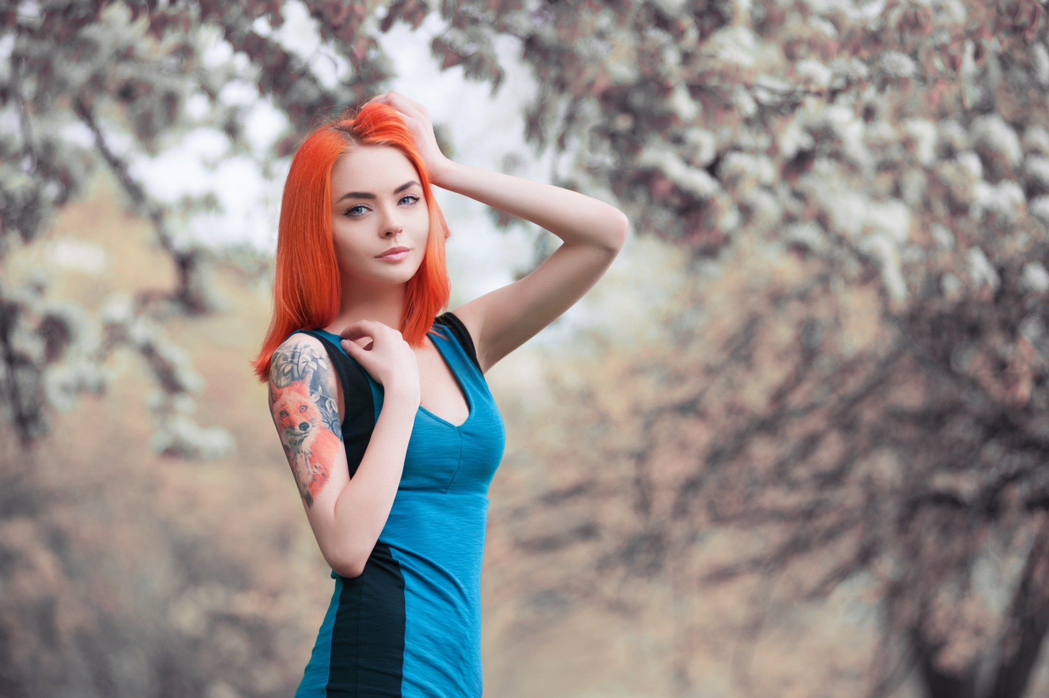 People 2048x1363 women model redhead tattoo fox blue eyes dress depth of field looking at viewer pale women outdoors outdoors inked girls dyed hair standing hands in hair Anna Gromova