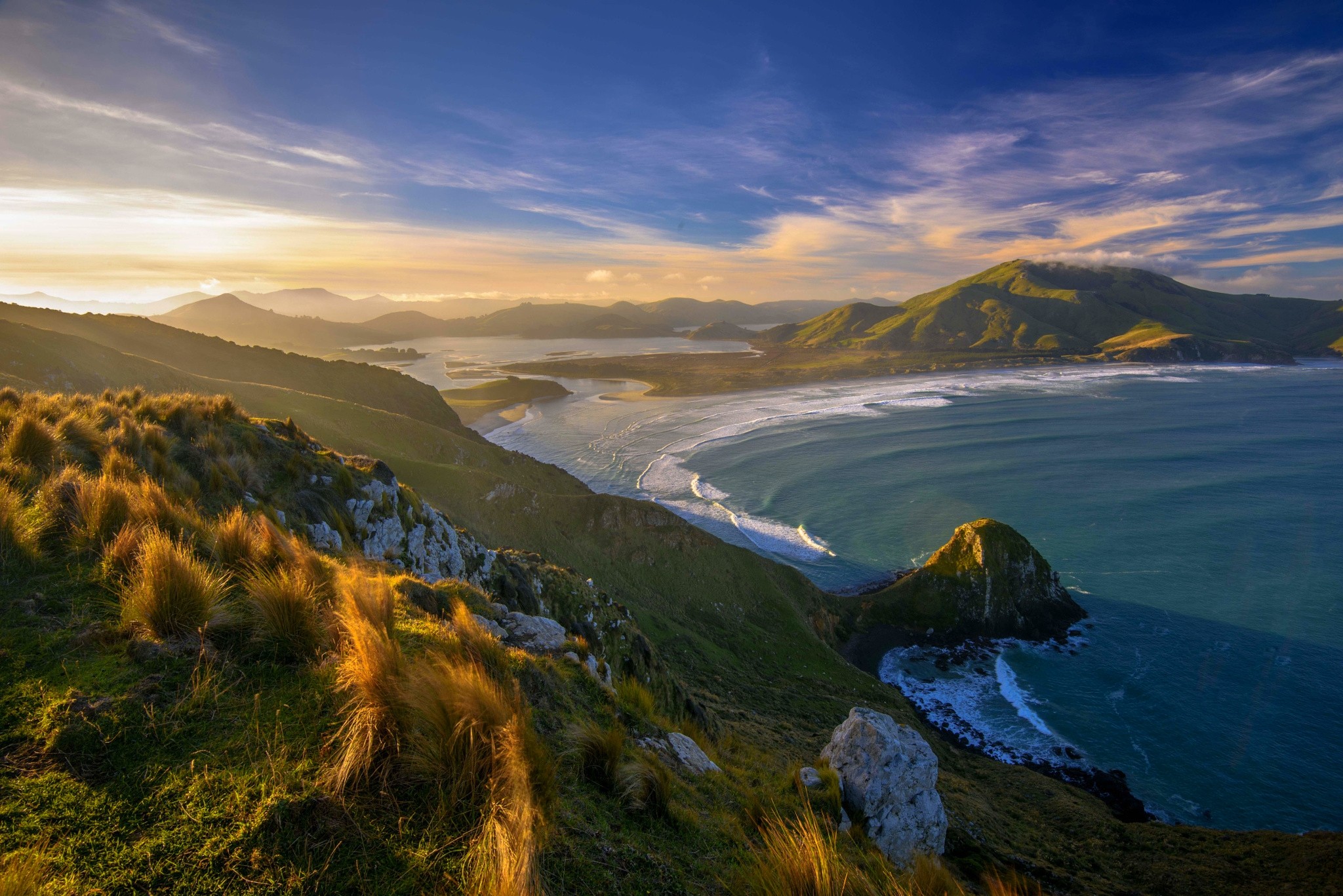 General 2048x1367 sunset beach grass New Zealand sea mountains clouds nature landscape