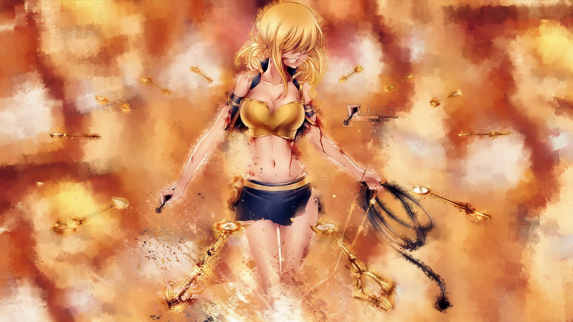 Anime 1920x1080 Heartfilia Lucy  anime girls blonde anime boobs belly blood hair in face standing torn clothes miniskirt