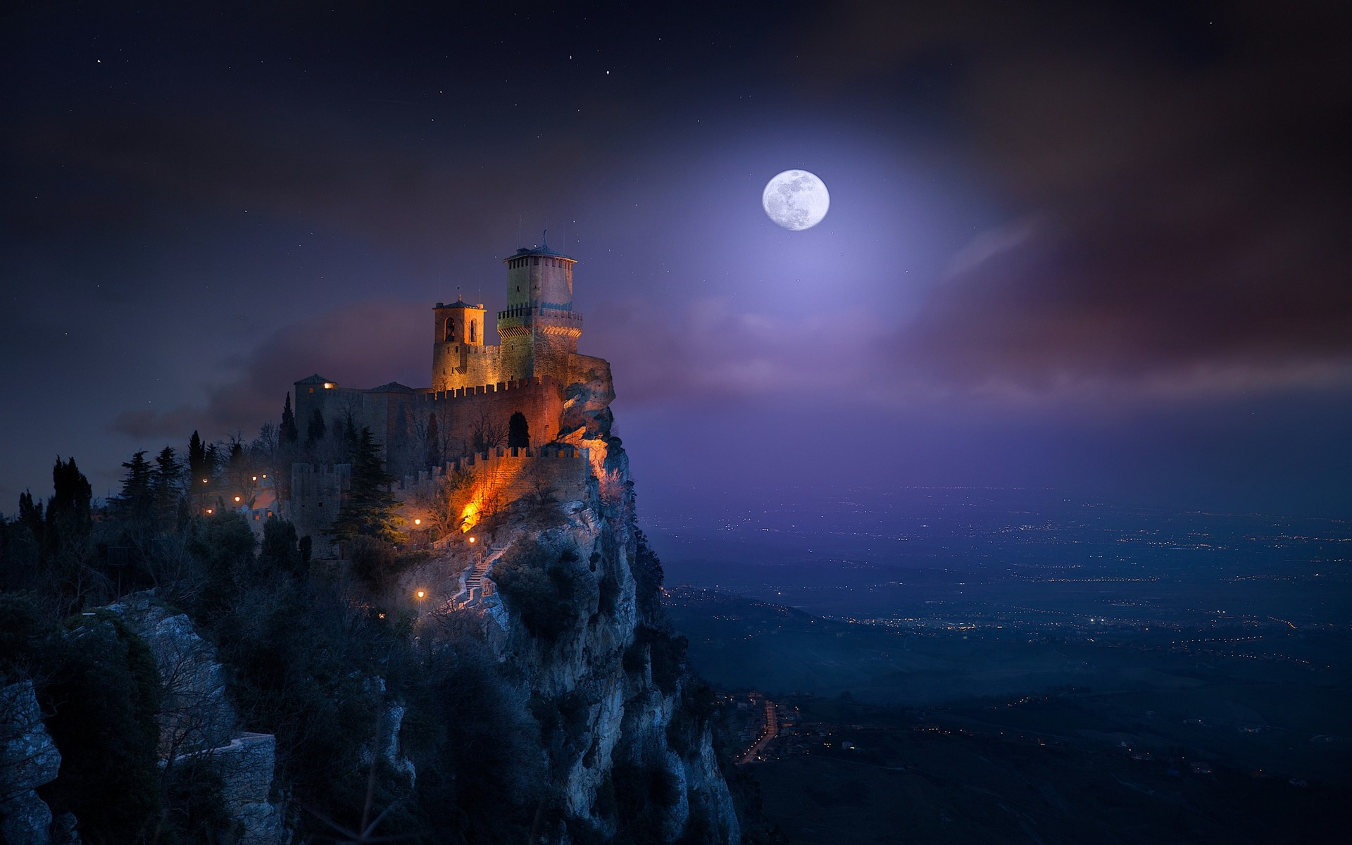 General 1920x1200 nature landscape Moon castle moonlight starry night lights San Marino full moon