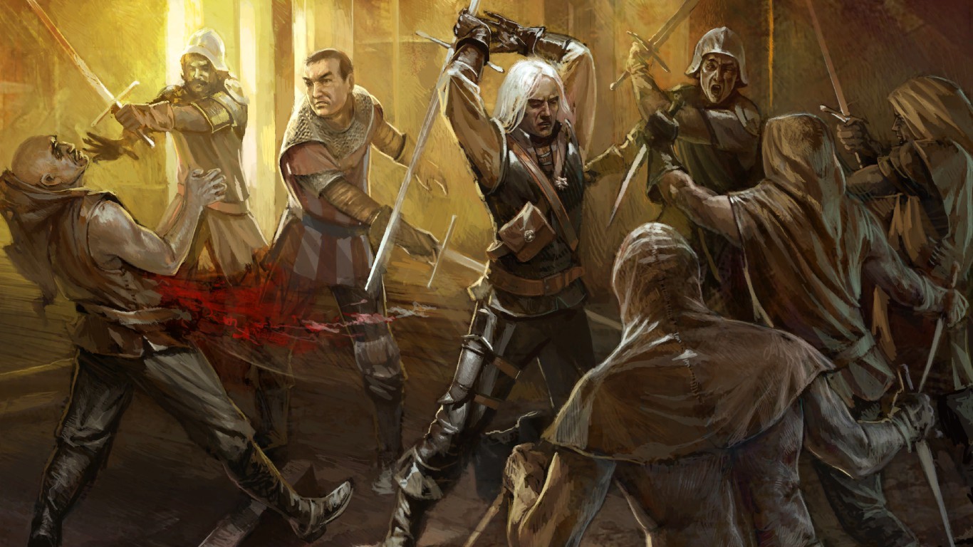 General 1366x768 The Witcher Geralt of Rivia fantasy art RPG video games PC gaming video game men battle blood Group of Men artwork video game art fantasy men