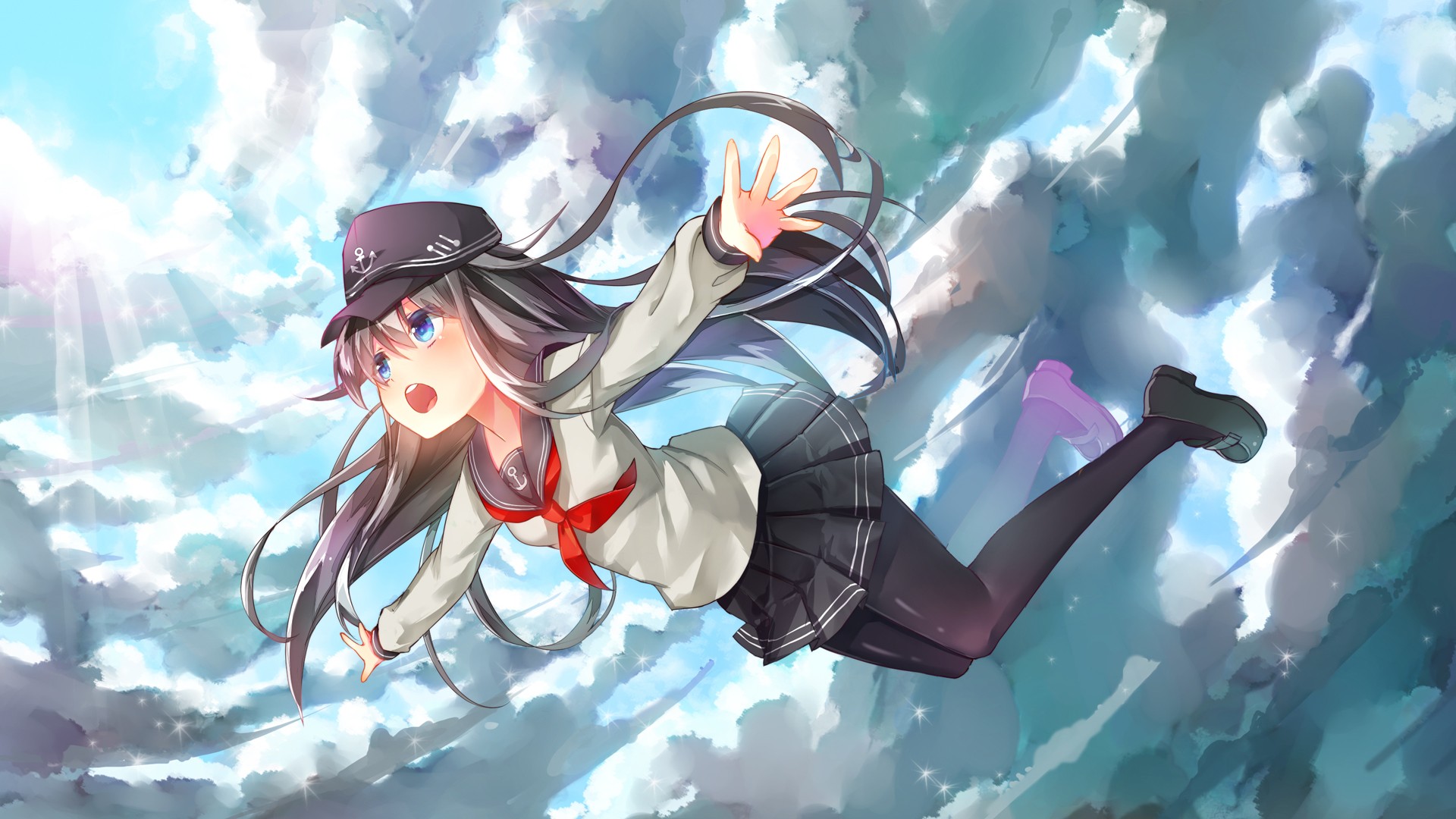 Anime 1920x1080 Akatsuki (KanColle) anime girls flying blue eyes sky blue clouds hat miniskirt long hair open mouth anime cyan