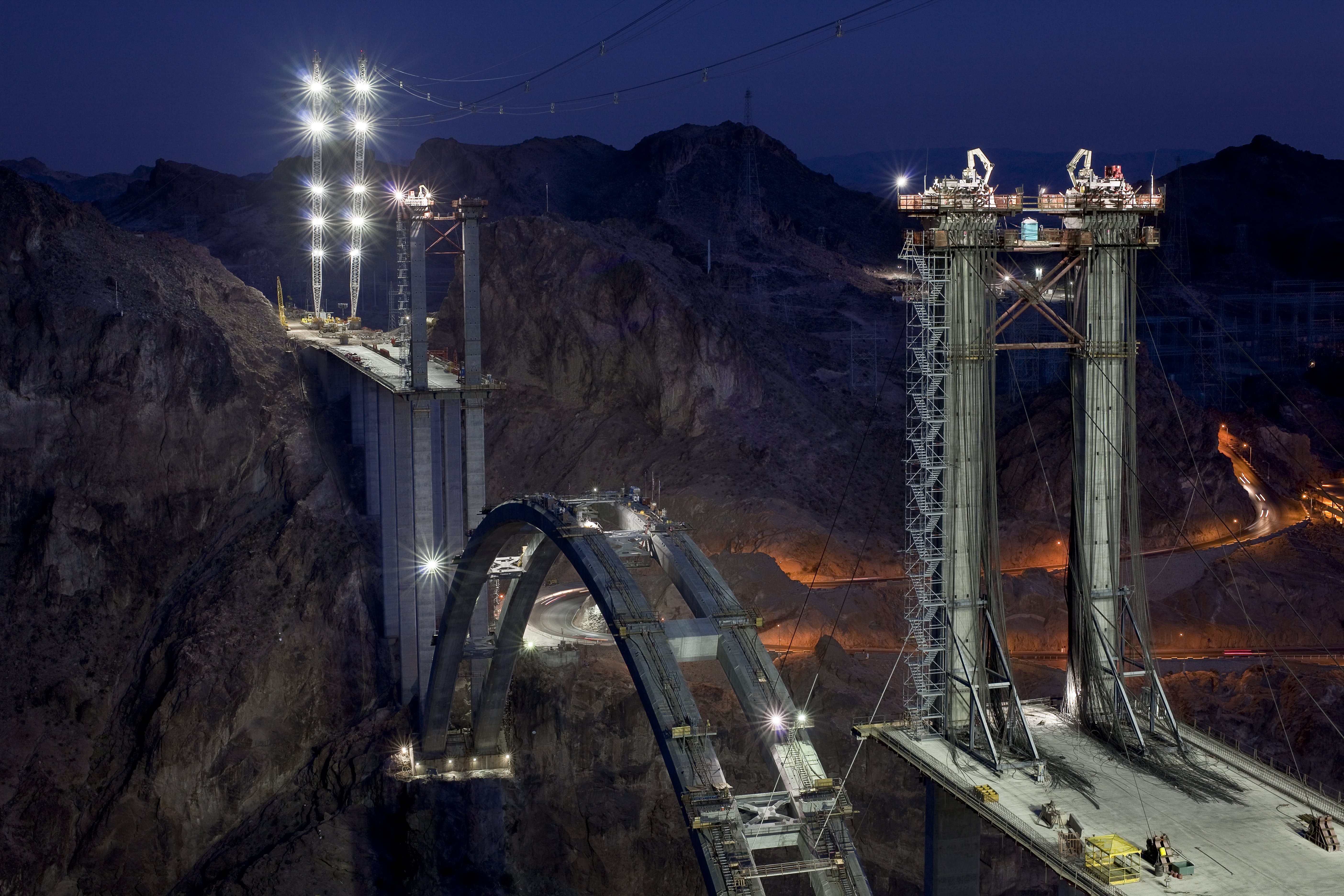 General 5616x3744 architecture night lights mountains bridge construction site USA long exposure road Hoover Dam