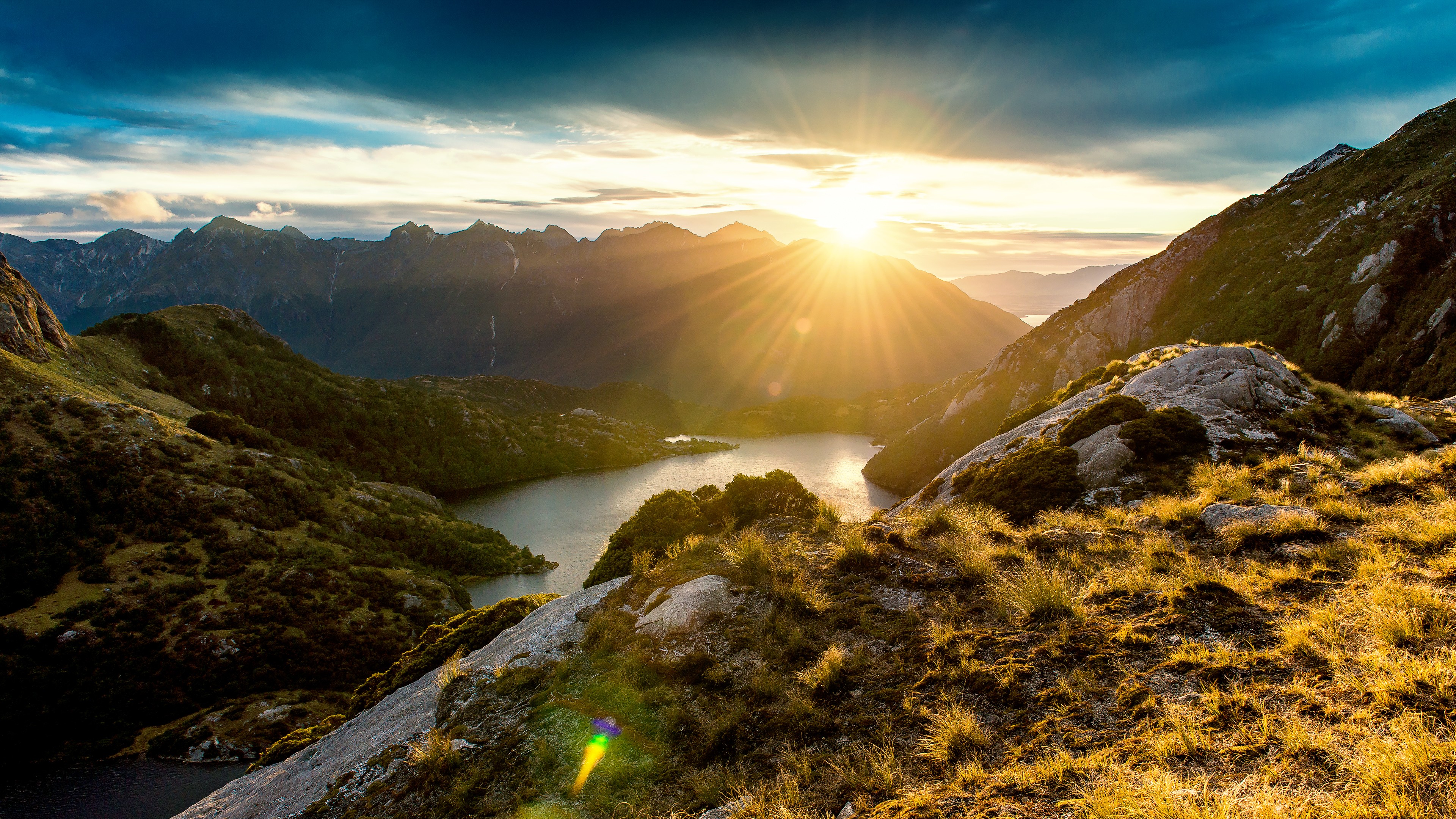 General 3840x2160 fjord landscape sun rays mountains lens flare nature sunlight