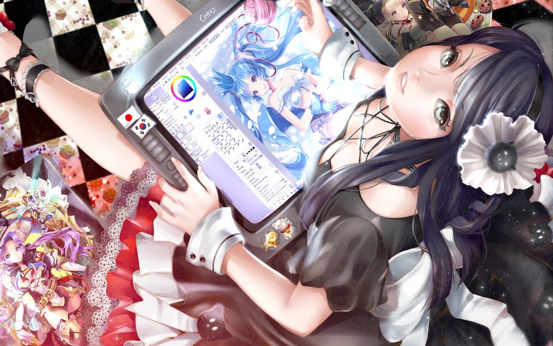 Anime 1920x1200 anime girls original characters flower in hair colorful looking up long hair tablet  anime looking at viewer boobs cleavage technology sitting dark eyes