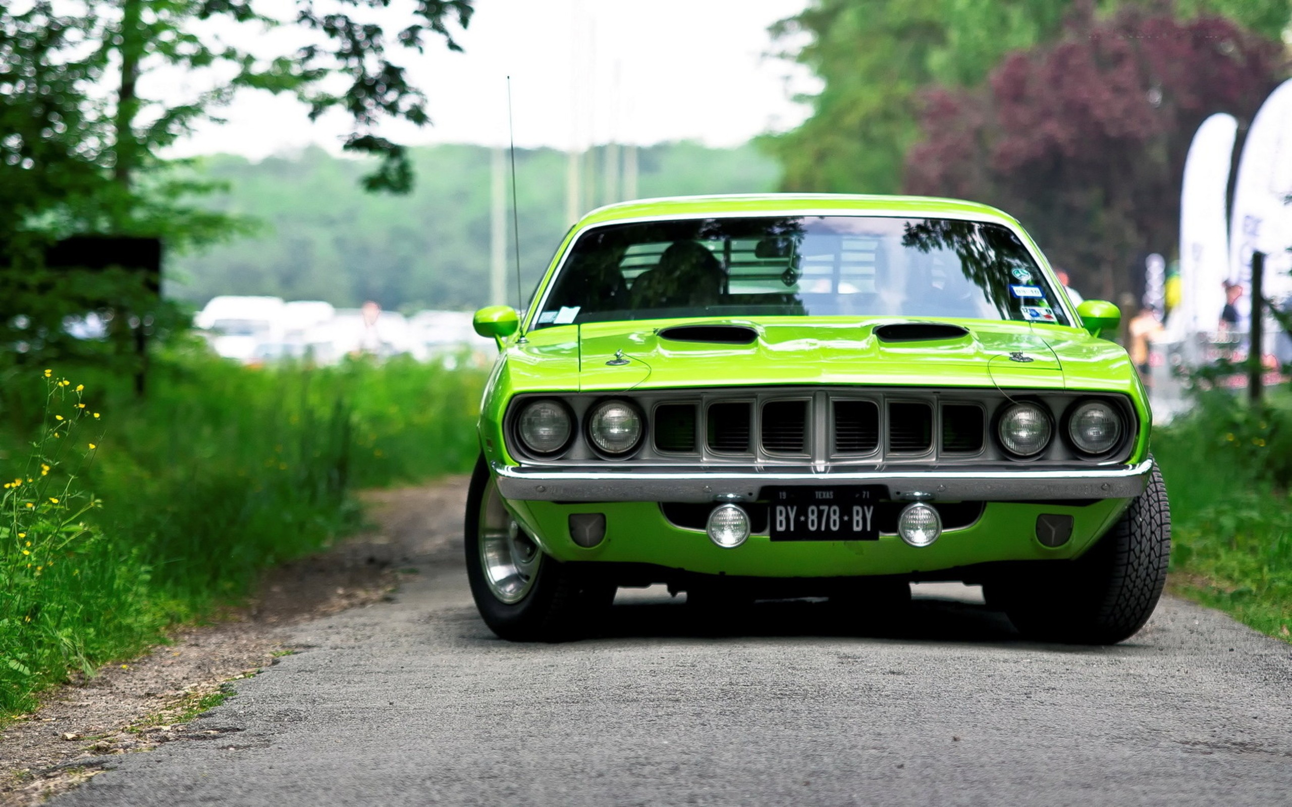 General 2560x1600 car Plymouth Barracuda green cars vehicle numbers frontal view Plymouth muscle cars American cars