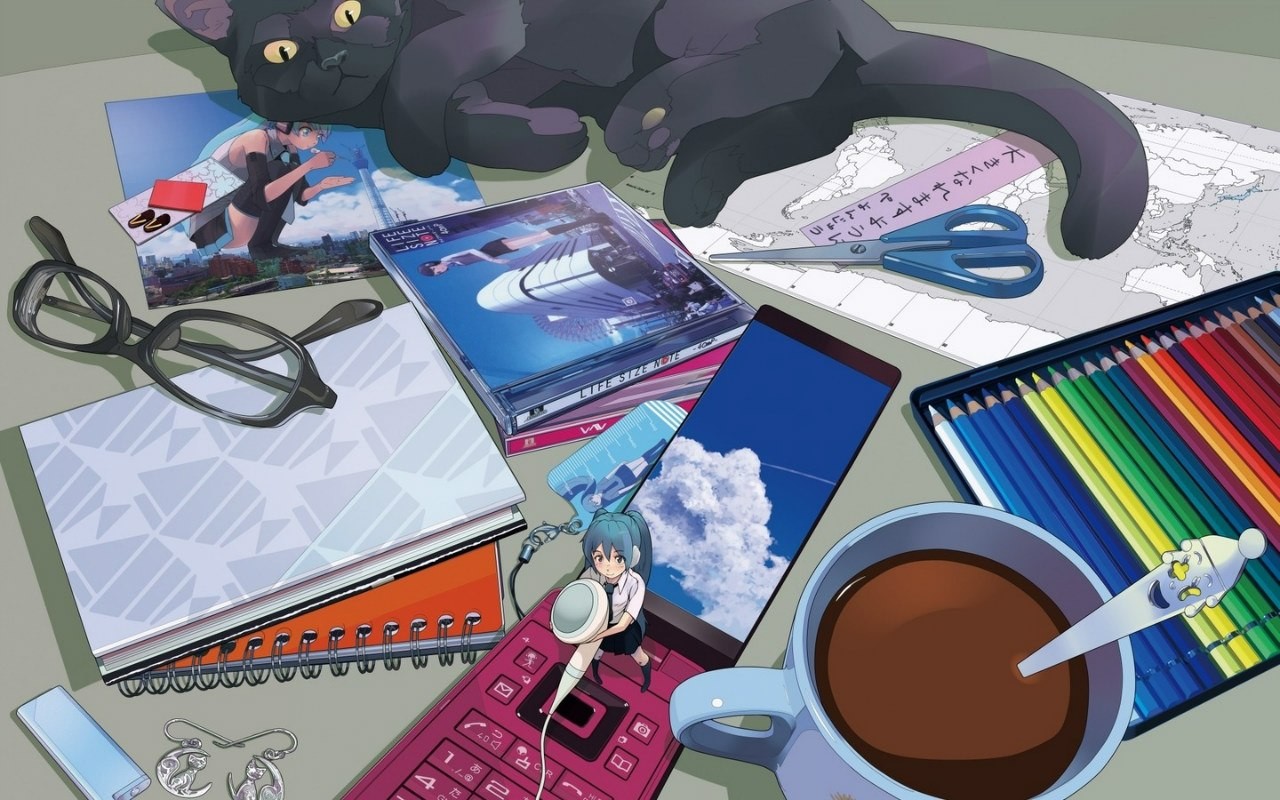 Anime 1280x800 cats coffee Vocaloid Hatsune Miku pencils glasses scissors notebooks cup animals mammals map flip phones