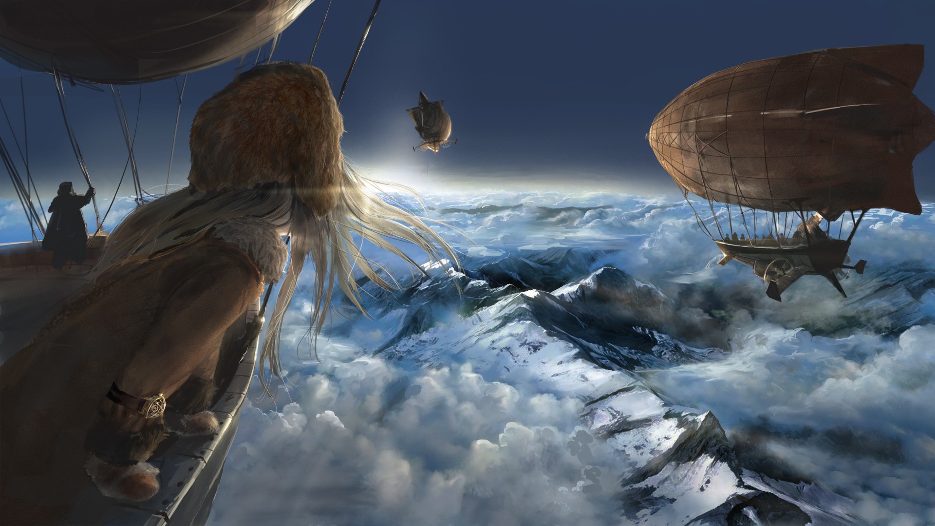 Anime 1920x1080 anime winter sky vehicle mountains airships fantasy art landscape clouds long hair