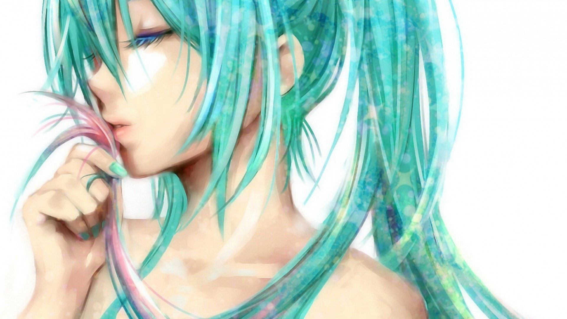 Anime 1920x1080 anime girls anime Hatsune Miku Vocaloid closed eyes cyan hair turquoise face long hair simple background white background painted nails cyan