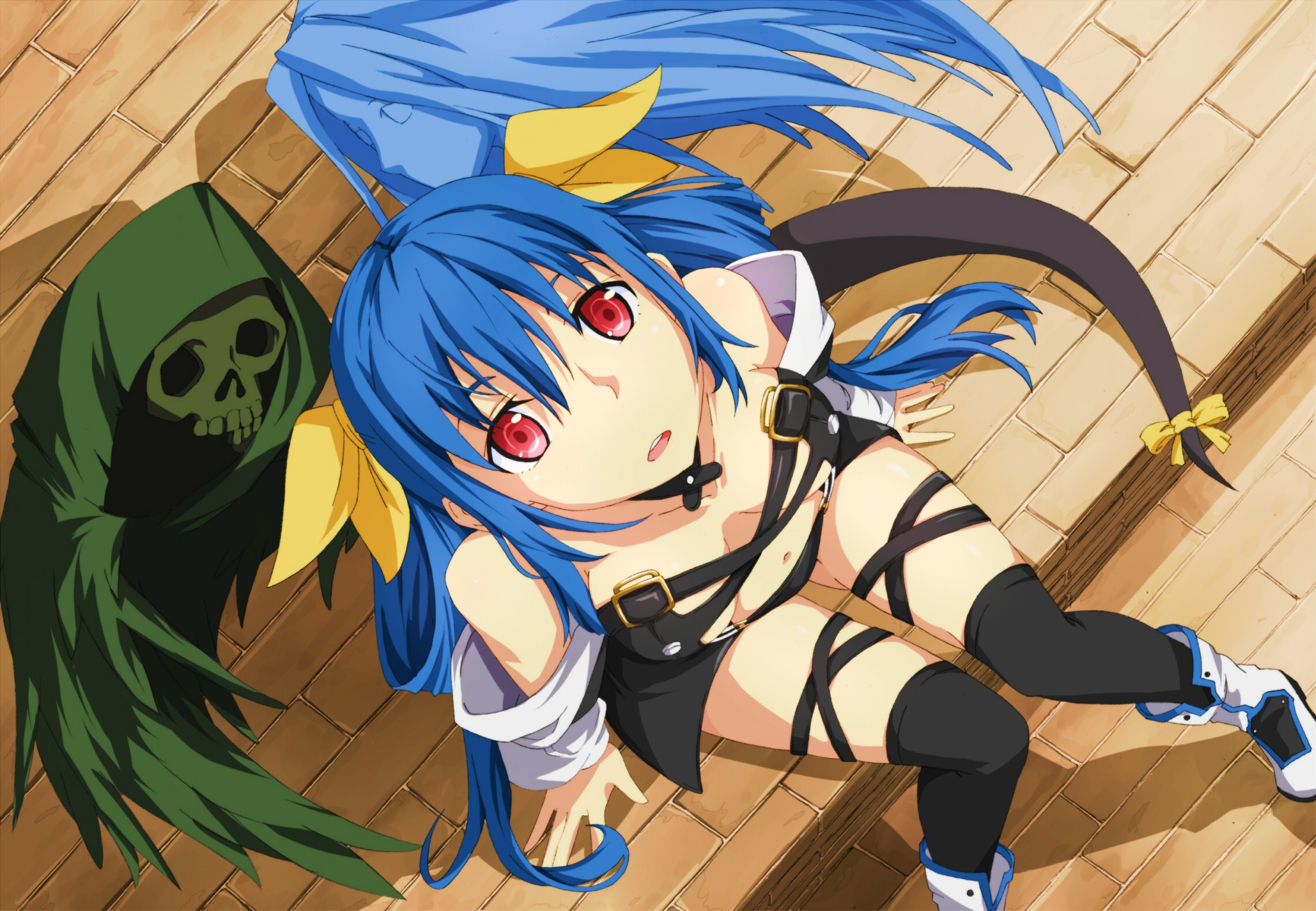 Anime 2274x1573 anime artwork anime girls Guilty Gear Dizzy (Guilty Gear) blue hair red eyes thigh-highs Fear (People) long hair looking up skull sitting boobs