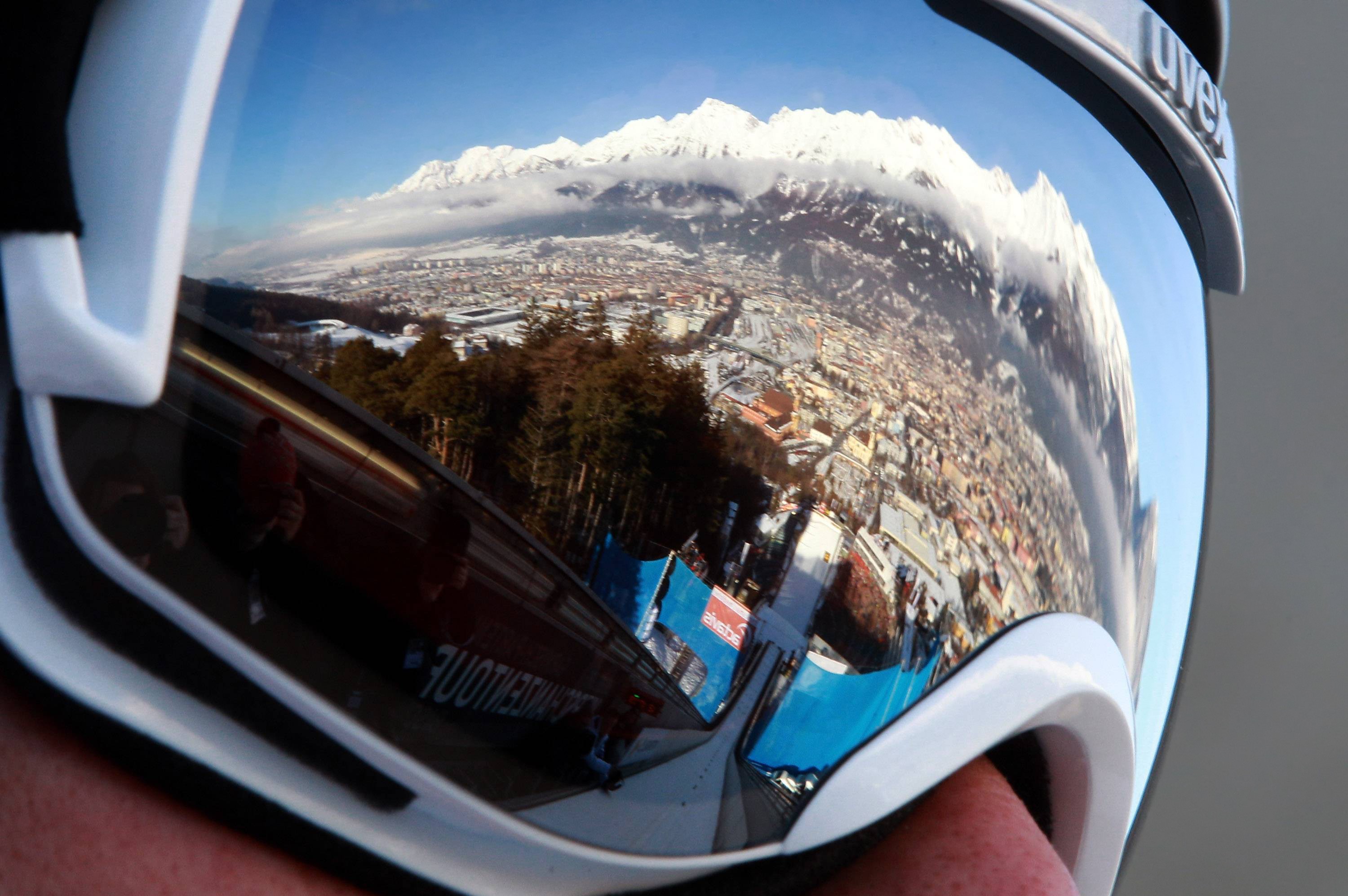 People 3000x1995 sport men closeup goggles mountains snow winter landscape trees reflection town top view