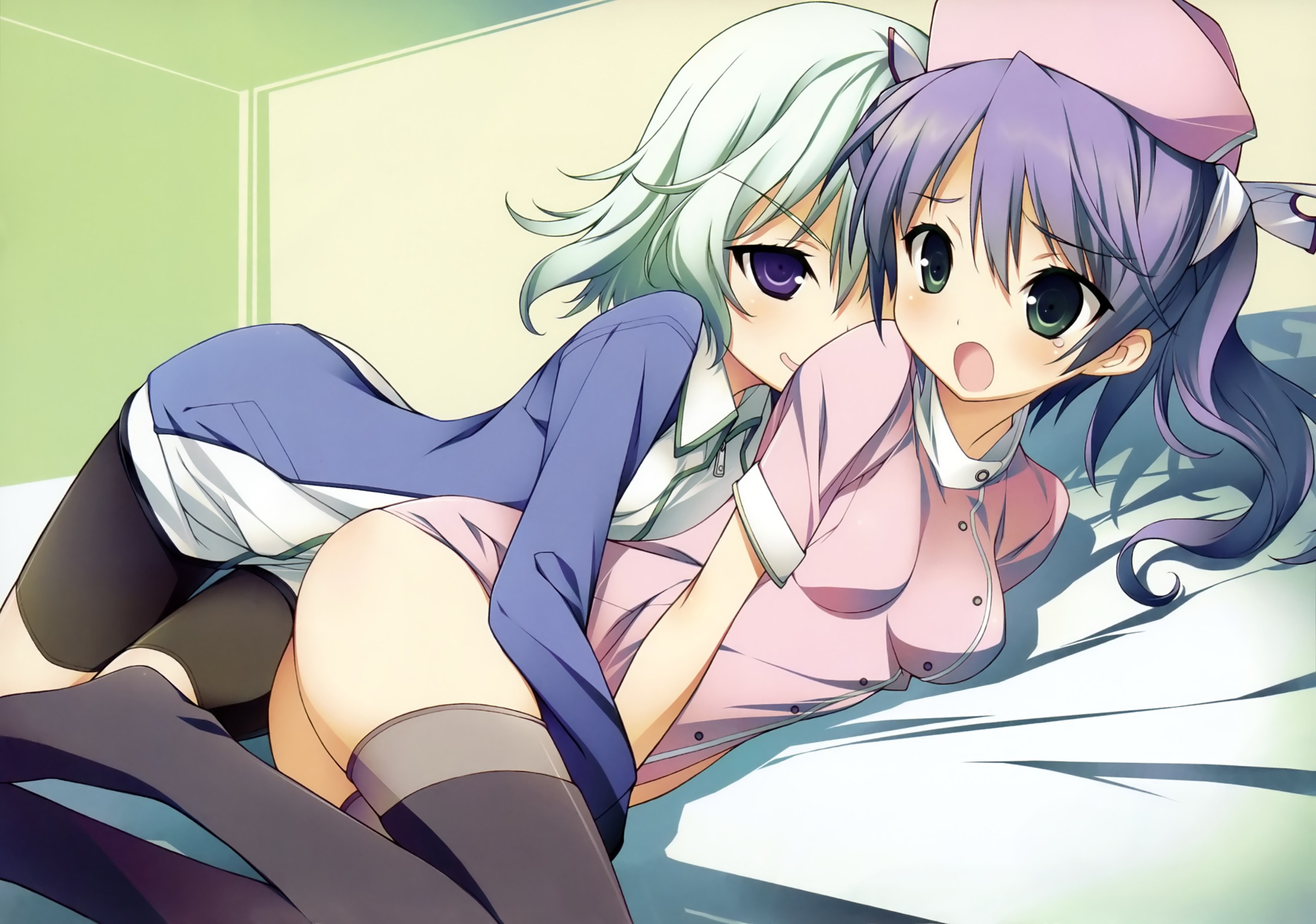 Anime 2850x2000 Mayo Chiki! Usami Masamune anime girls cuddle knee-highs lesbians