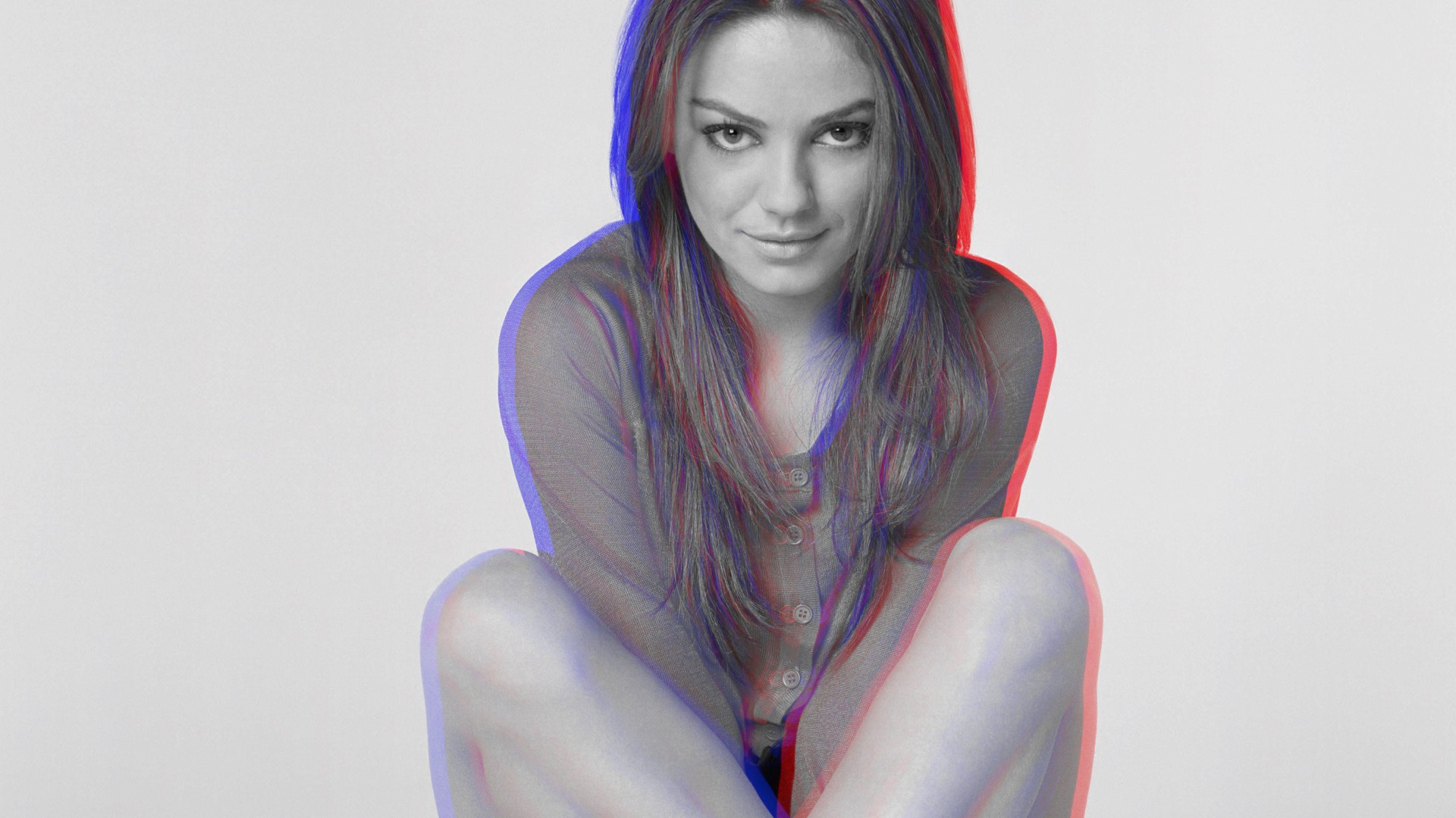 People 1920x1080 Mila Kunis anaglyph 3D women face long hair looking at viewer legs crossed simple background gray background studio sitting actress smiling