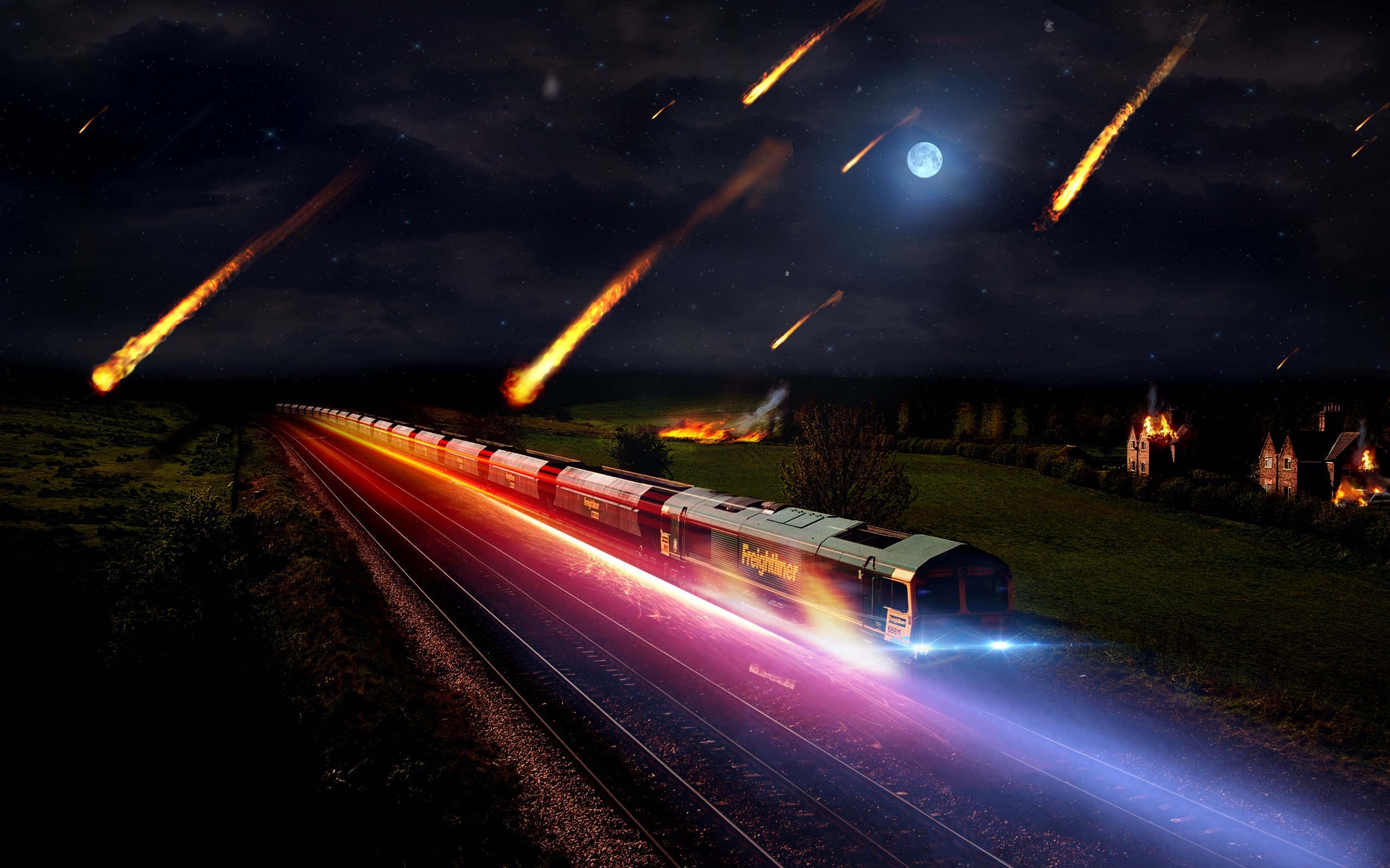 General 2560x1600 digital art train vehicle night sky Moon meteorite sky fire railway