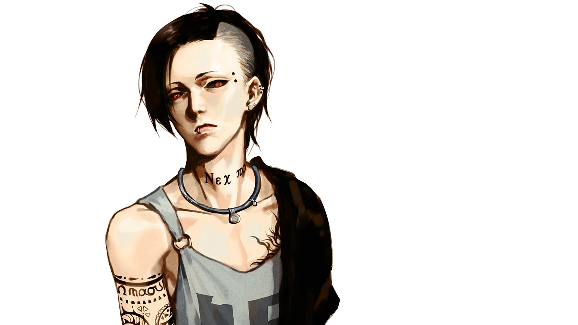 Anime 1920x1080 Tokyo Ghoul Uta (Tokyo Ghoul) white background simple background anime artwork necklace tattoo red eyes tank top
