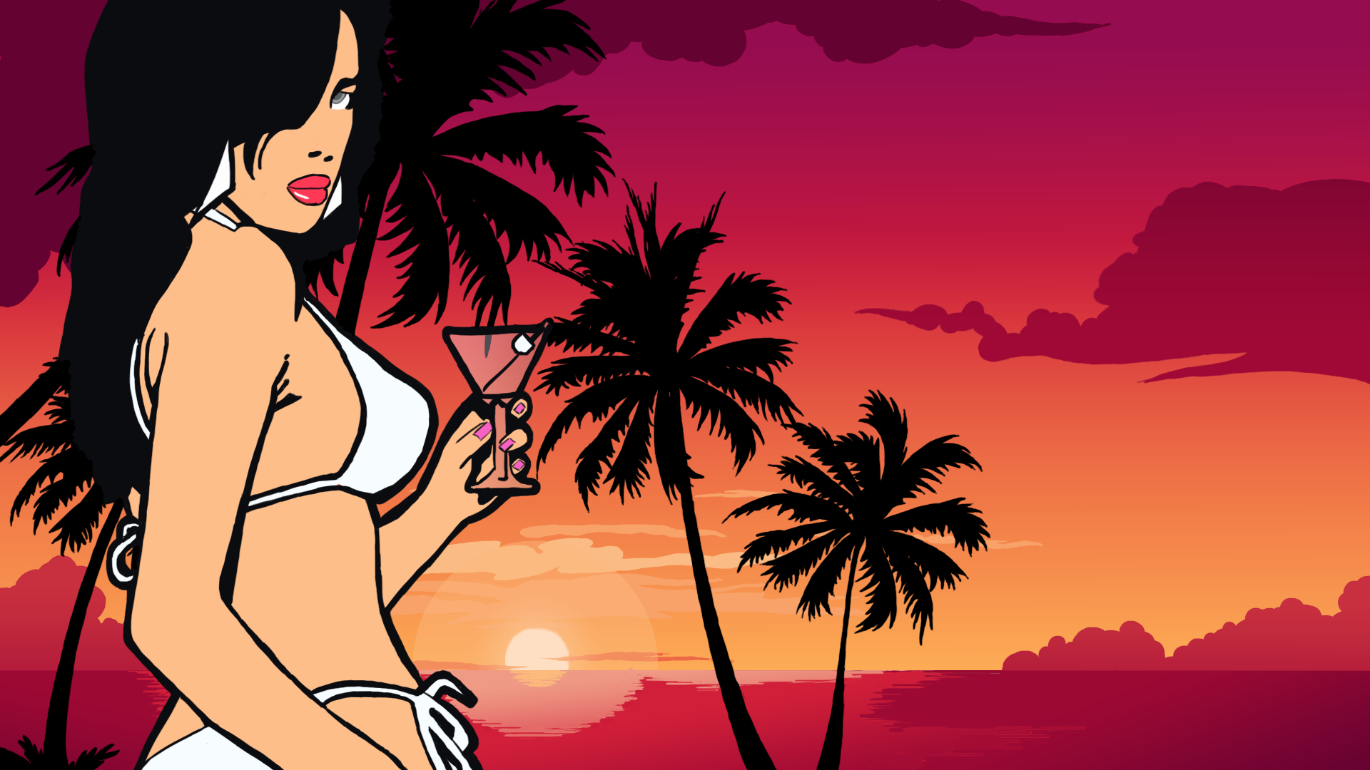 General 1920x1080 Grand Theft Auto: Vice City Rockstar Games beach palm trees sunset Grand Theft Auto bikini red lipstick video games PC gaming white bikini video game girls video game art sky black hair long hair