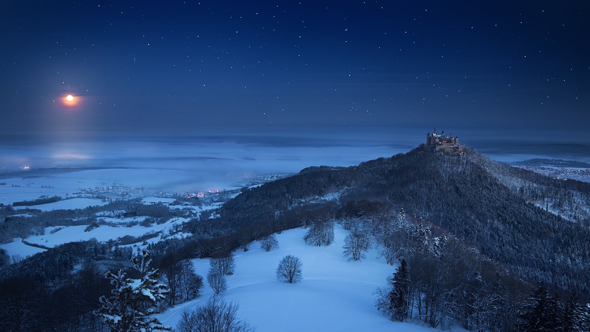General 2048x1152 landscape nature winter castle snow forest Moon starry night moonlight valley Germany blue