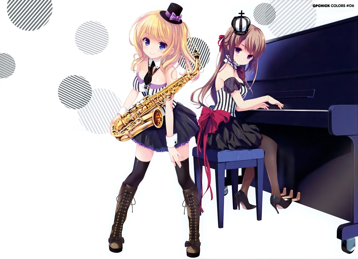 Anime 1500x1085 original characters thigh-highs musical instrument saxaphone piano anime girls anime funny hats women with hats white background two women