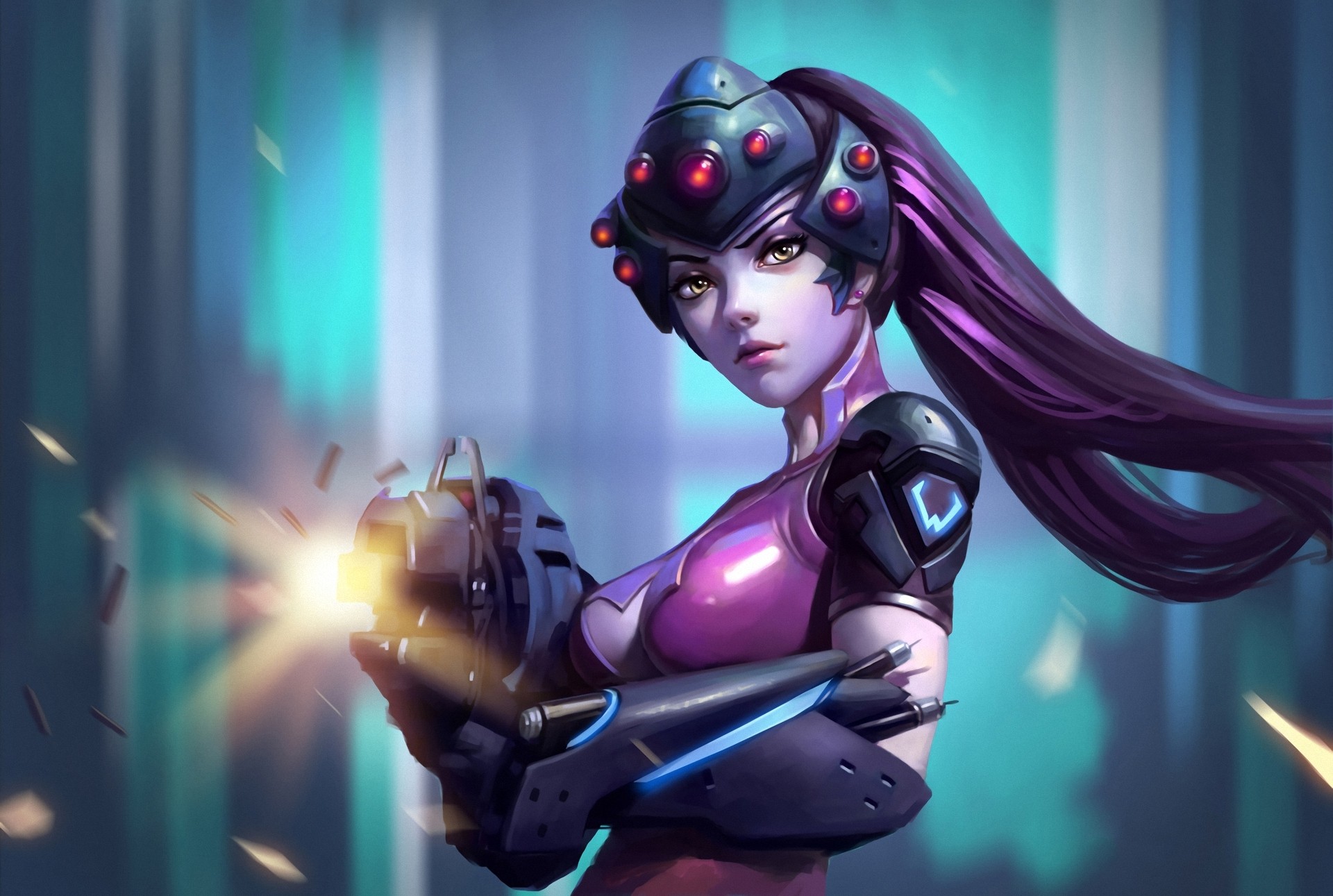 General 1920x1291 Overwatch Blizzard Entertainment Widowmaker (Overwatch) cyan girls with guns purple hair long hair PC gaming video game girls video game characters