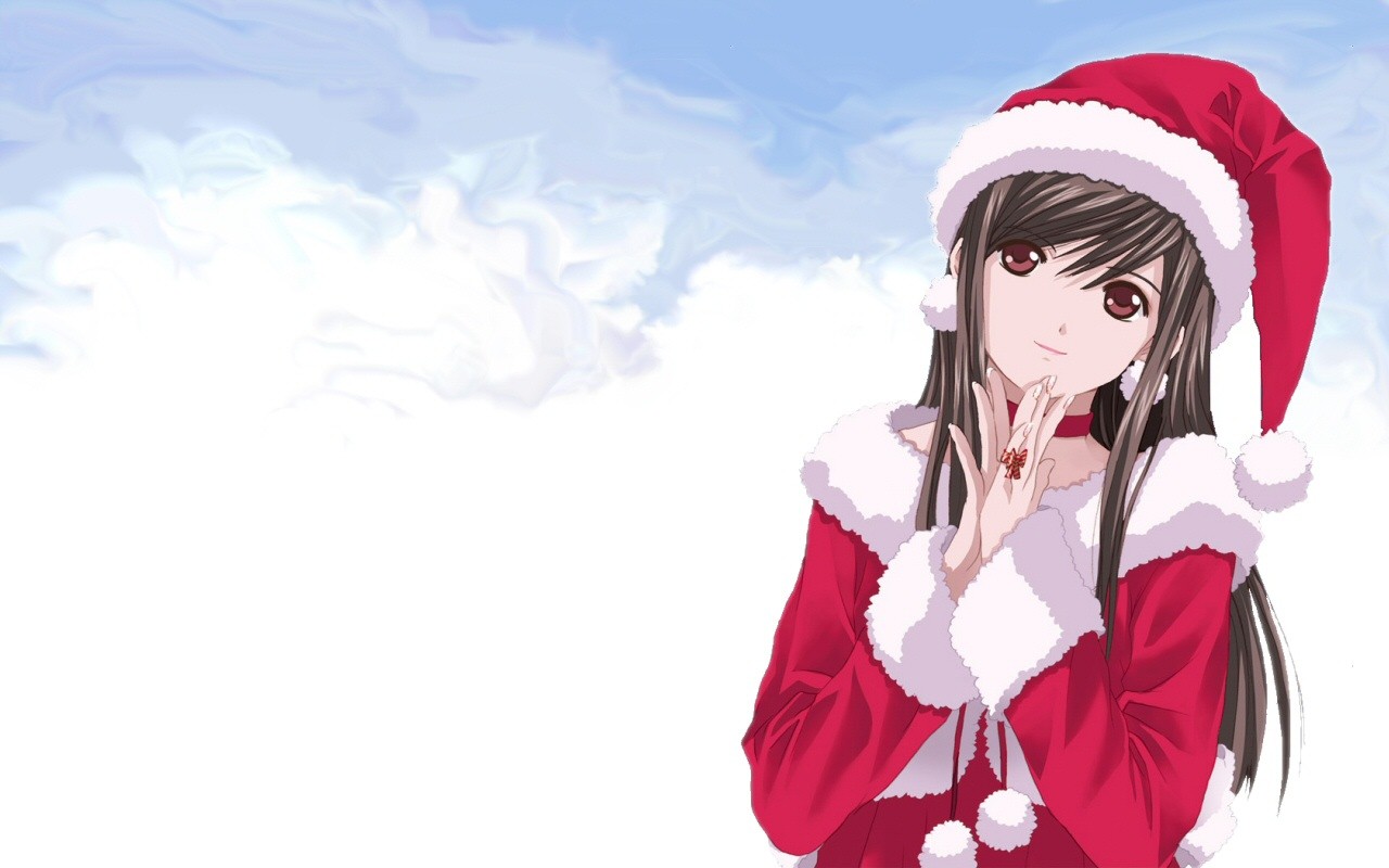 Anime 1280x800 Christmas anime girls sky Santa Claus anime Santa hats Santa costume women brunette long hair clouds