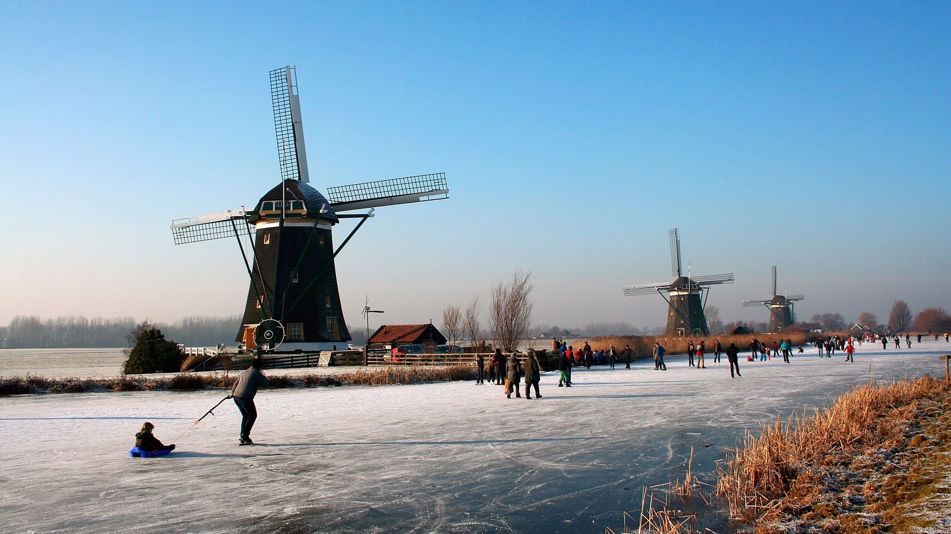 General 1920x1080 windmill Netherlands people winter ice cold frost outdoors