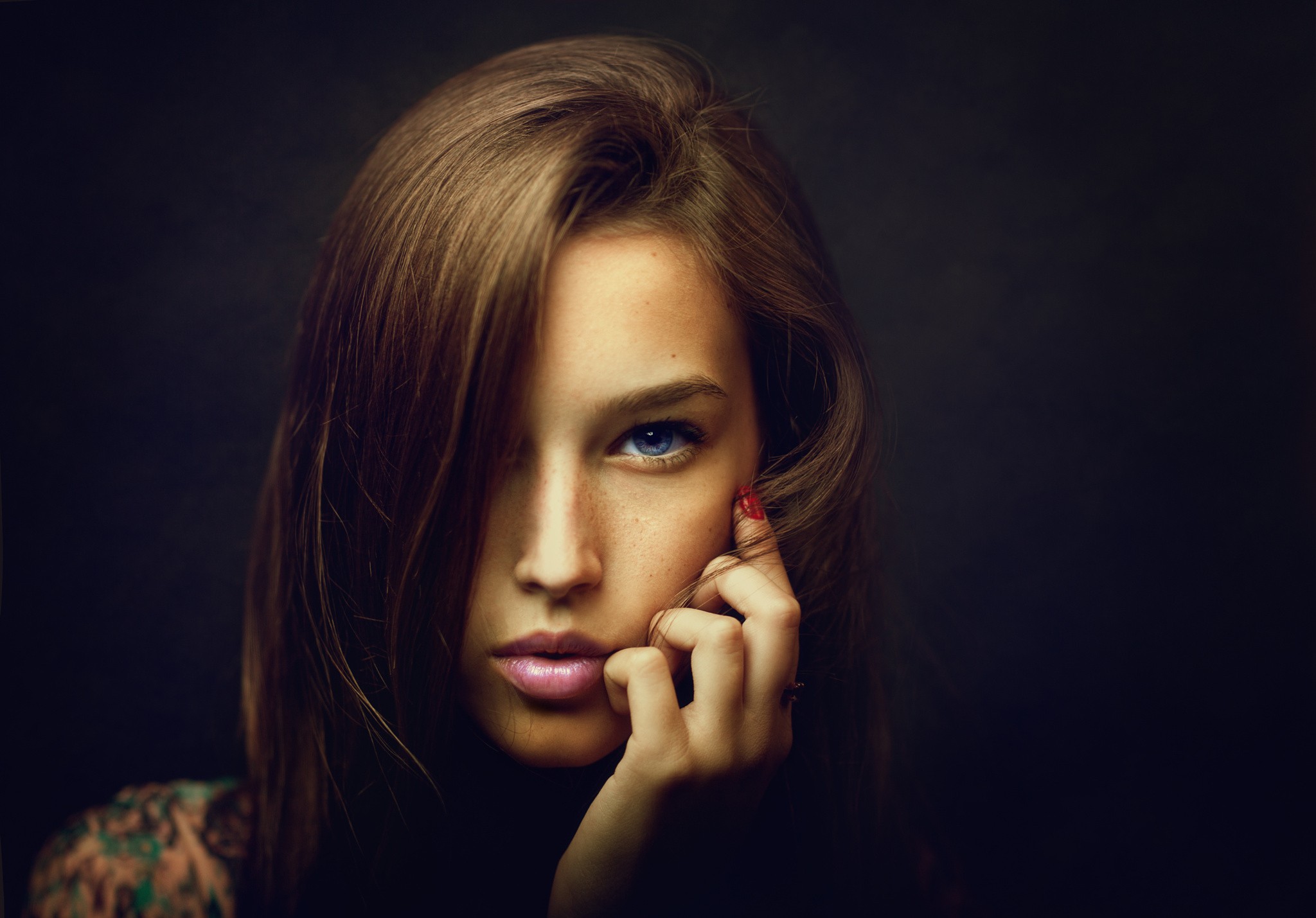 People 2048x1429 simple background blue eyes painted nails Zachar Rise hand on face Tanya closeup looking at viewer studio women indoors indoors hair over one eye red nails portrait women